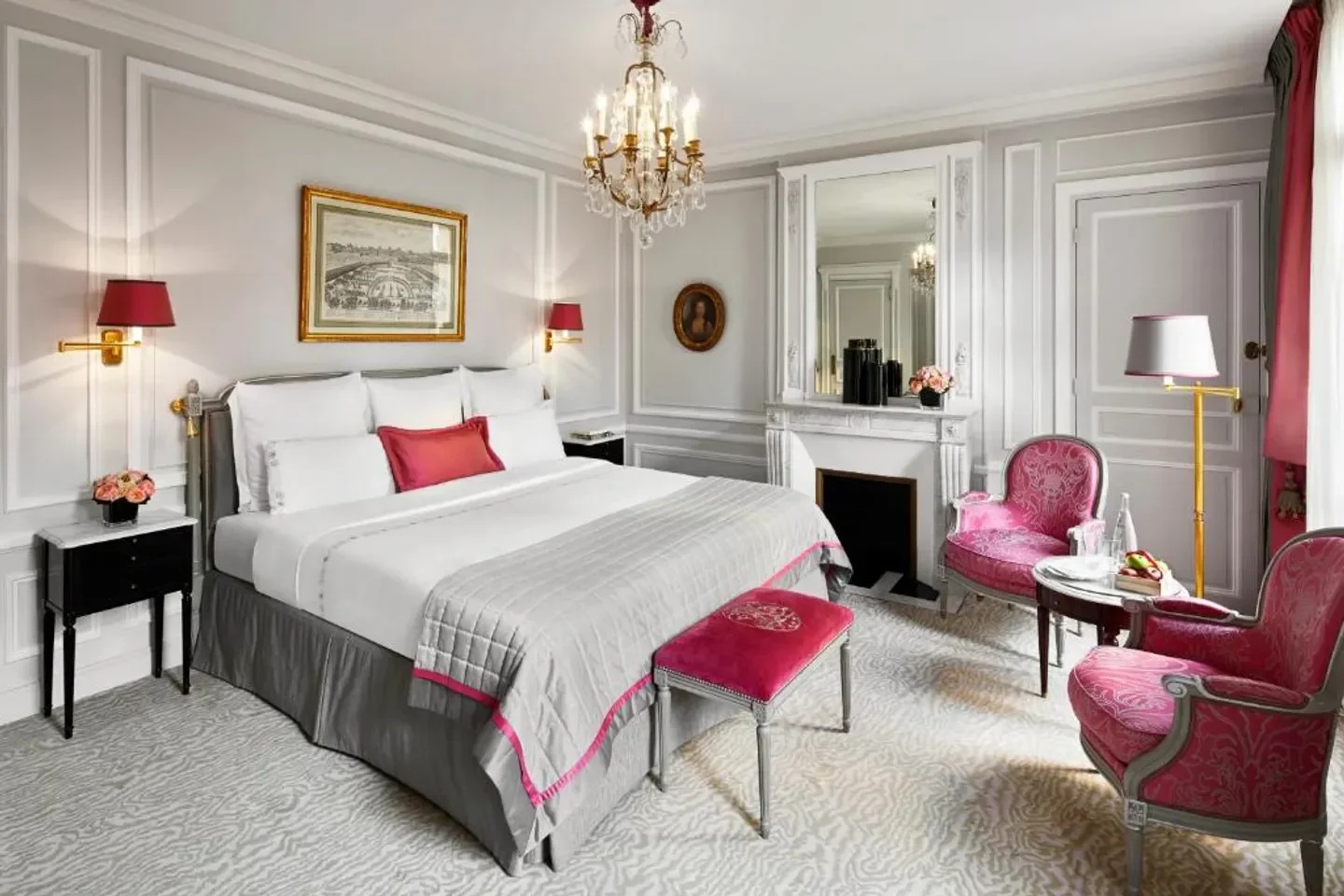 Elegant bedroom at Hotel Plaza Athénée Paris, featuring luxurious decor and design in Paris.