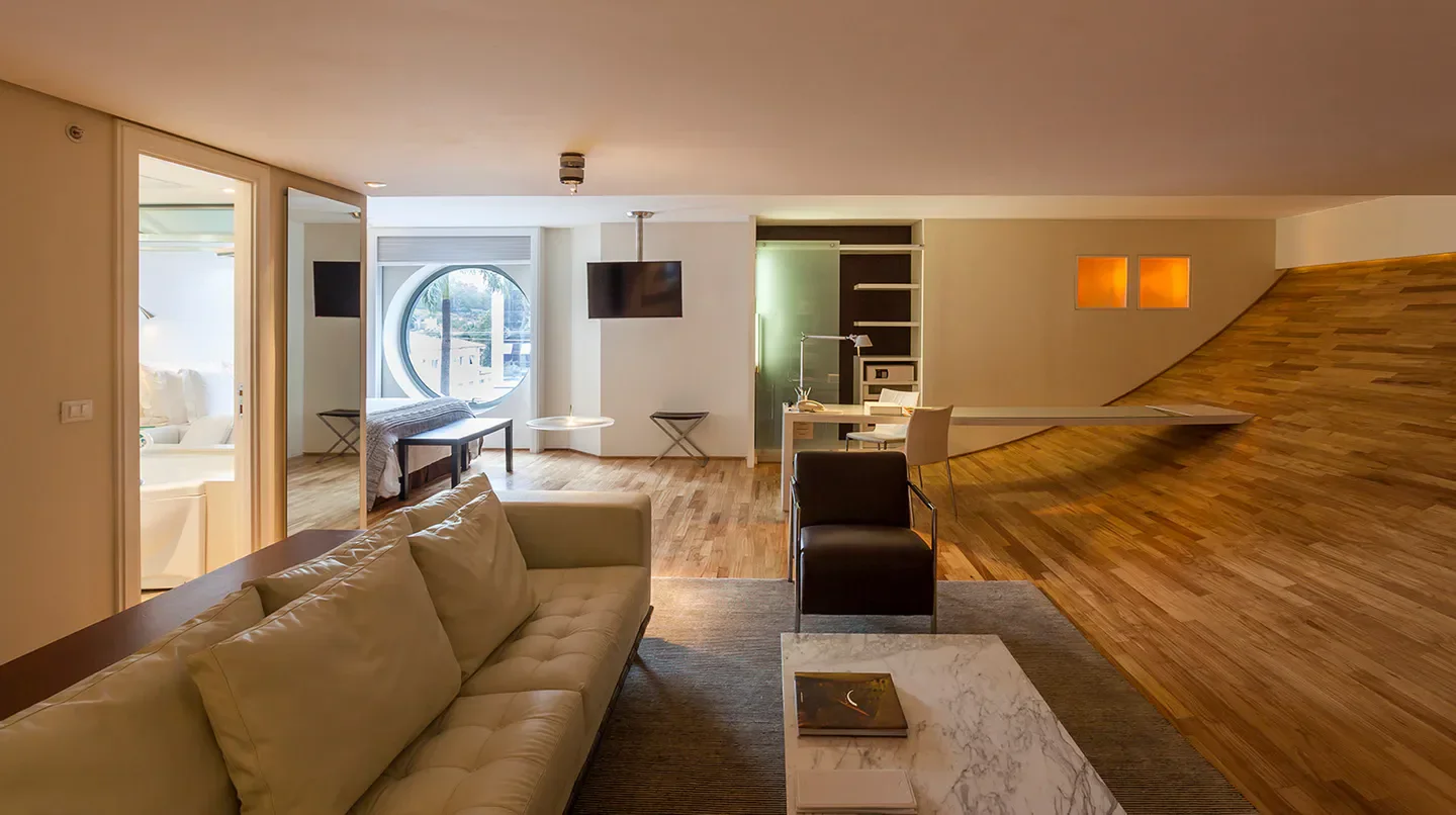 Modern suite interior at Hotel Unique in Sao Paulo, featuring wood floors and unique design