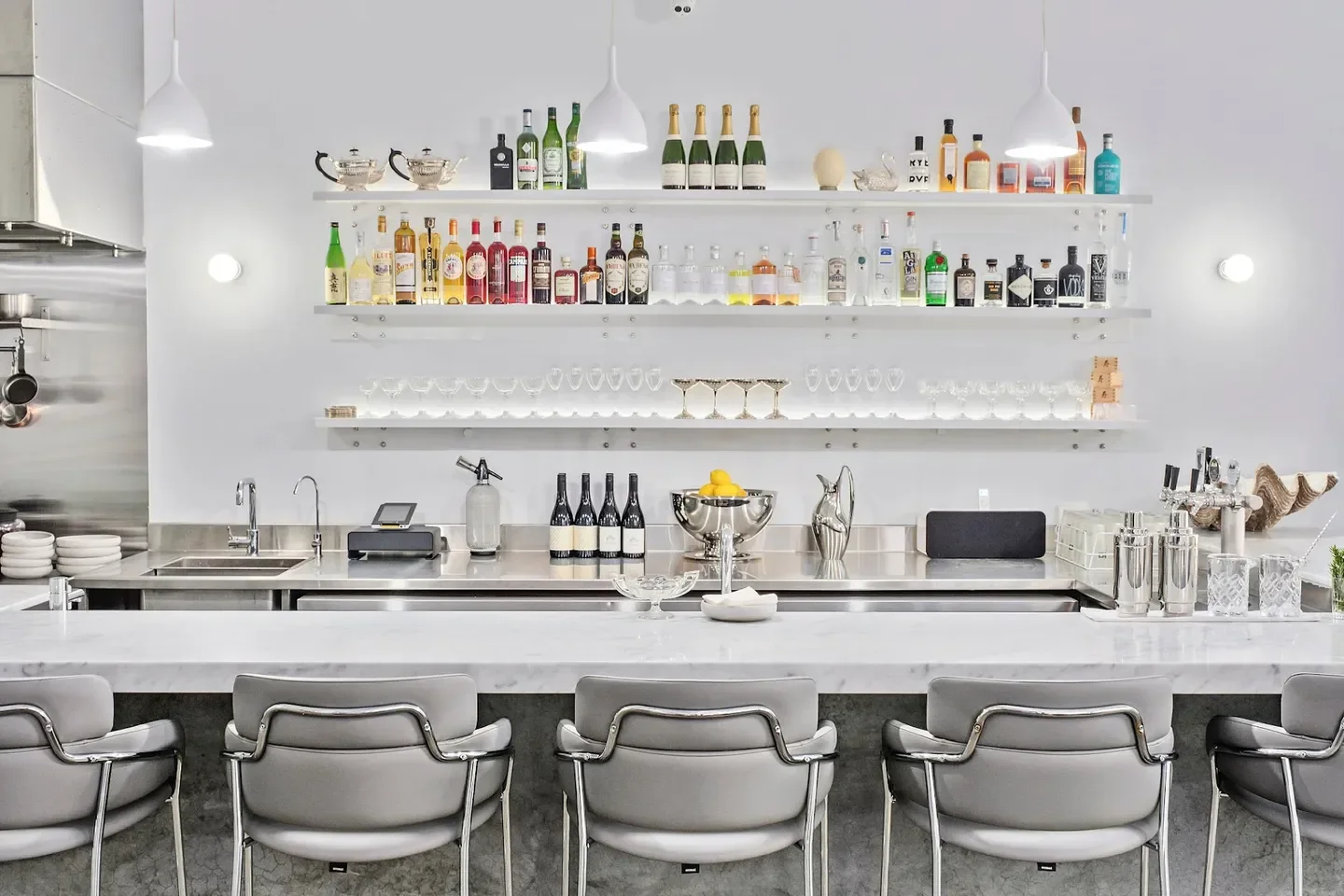 Interior bar at Institut Polaire in Hobart, featuring stylish seating and curated liquor display