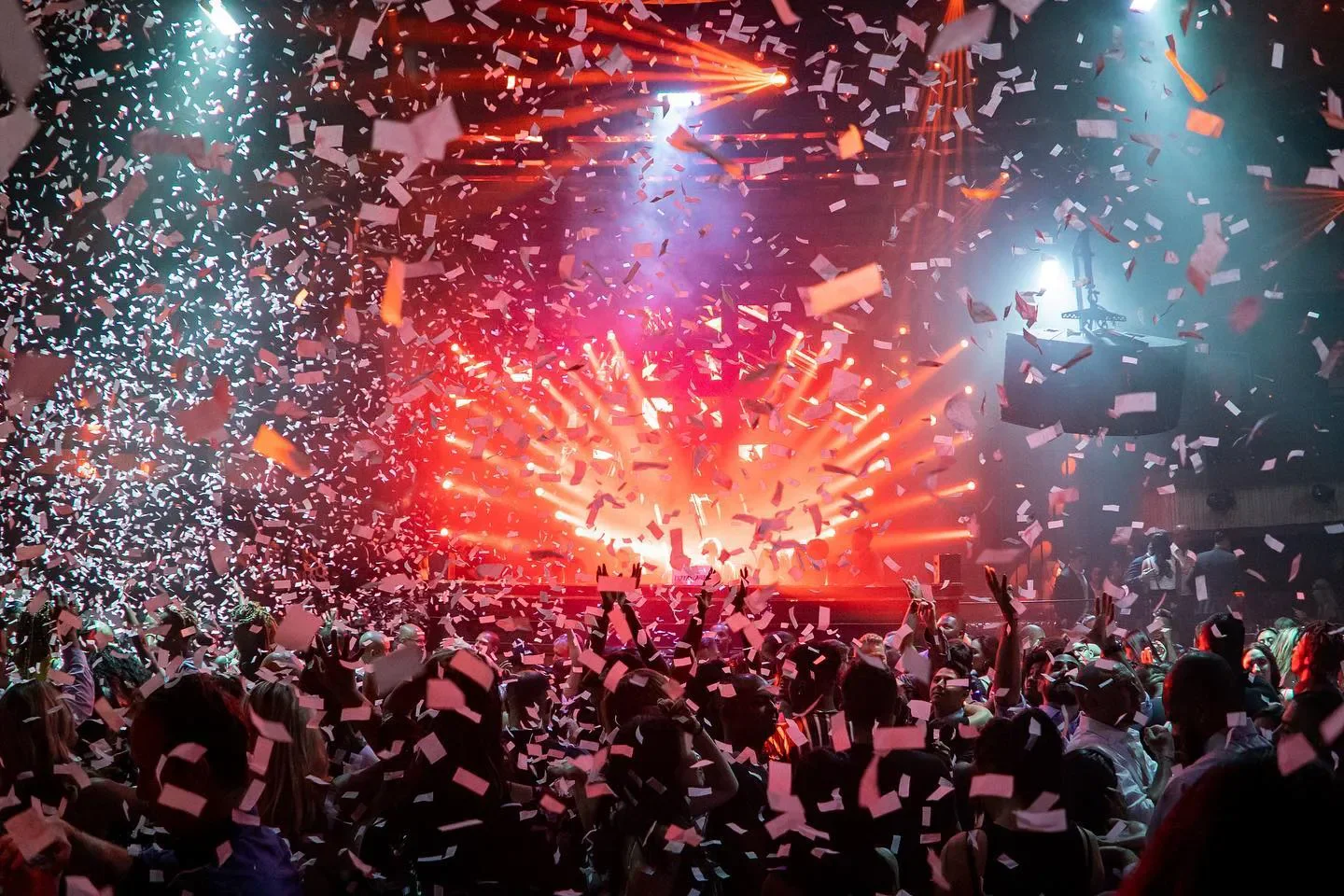 Confetti and energy at Jewel nightclub in Las Vegas with a cheering crowd
