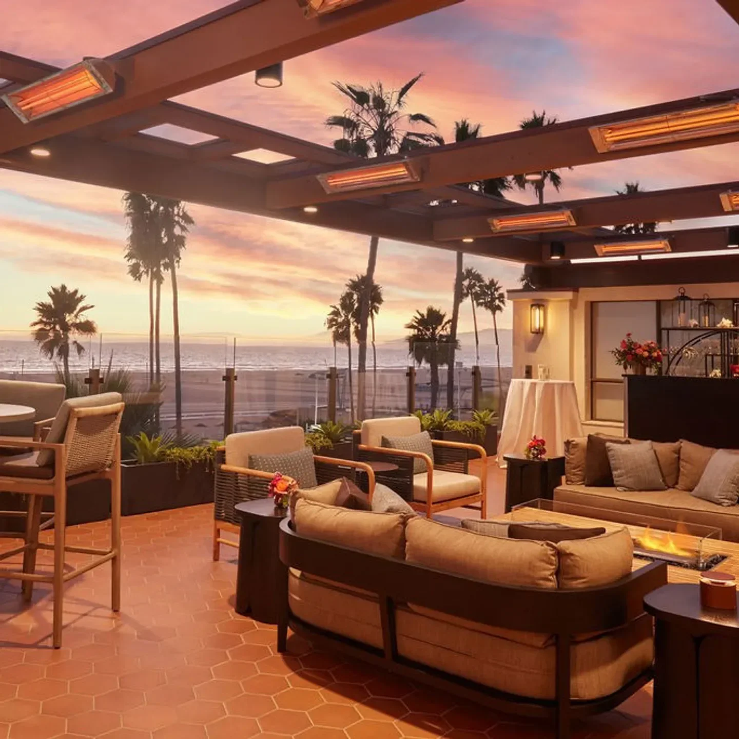 Jonathan Beach Club restaurant patio at sunset in Los Angeles, overlooking the ocean