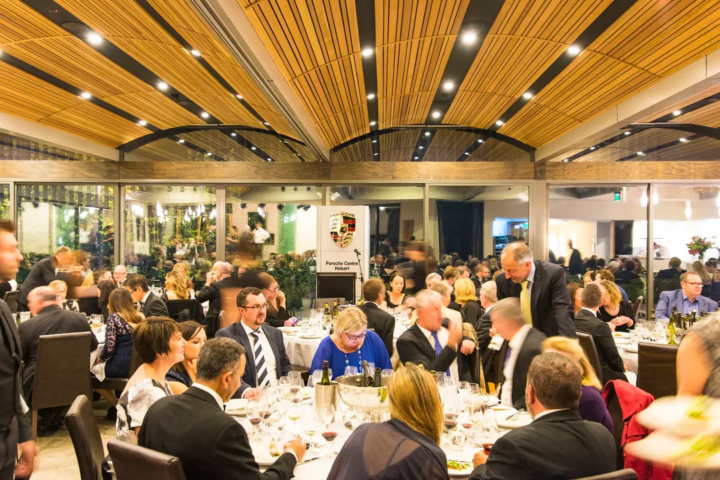 Dining scene at Josef Chromy Restaurant in Launceston, featuring a lively event.
