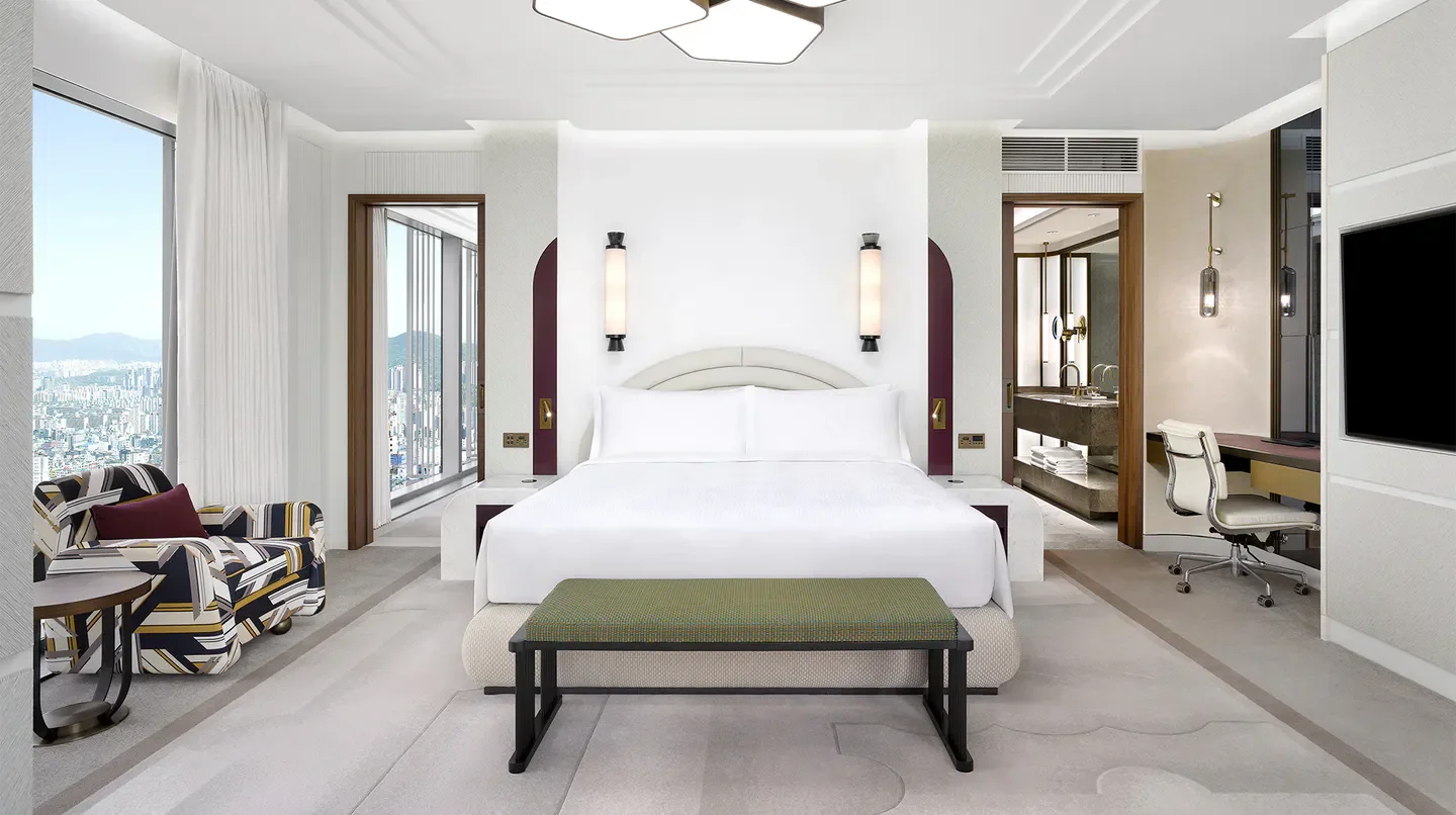 Luxury bedroom at Josun Palace, a Luxury Collection Hotel, Seoul Gangnam, with city view in Seoul.