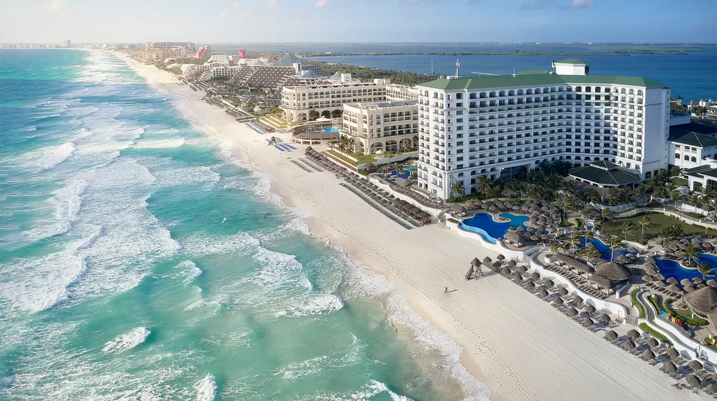 Aerial view of JW Marriott Cancun Resort & Spa on the beautiful Cancun beach.