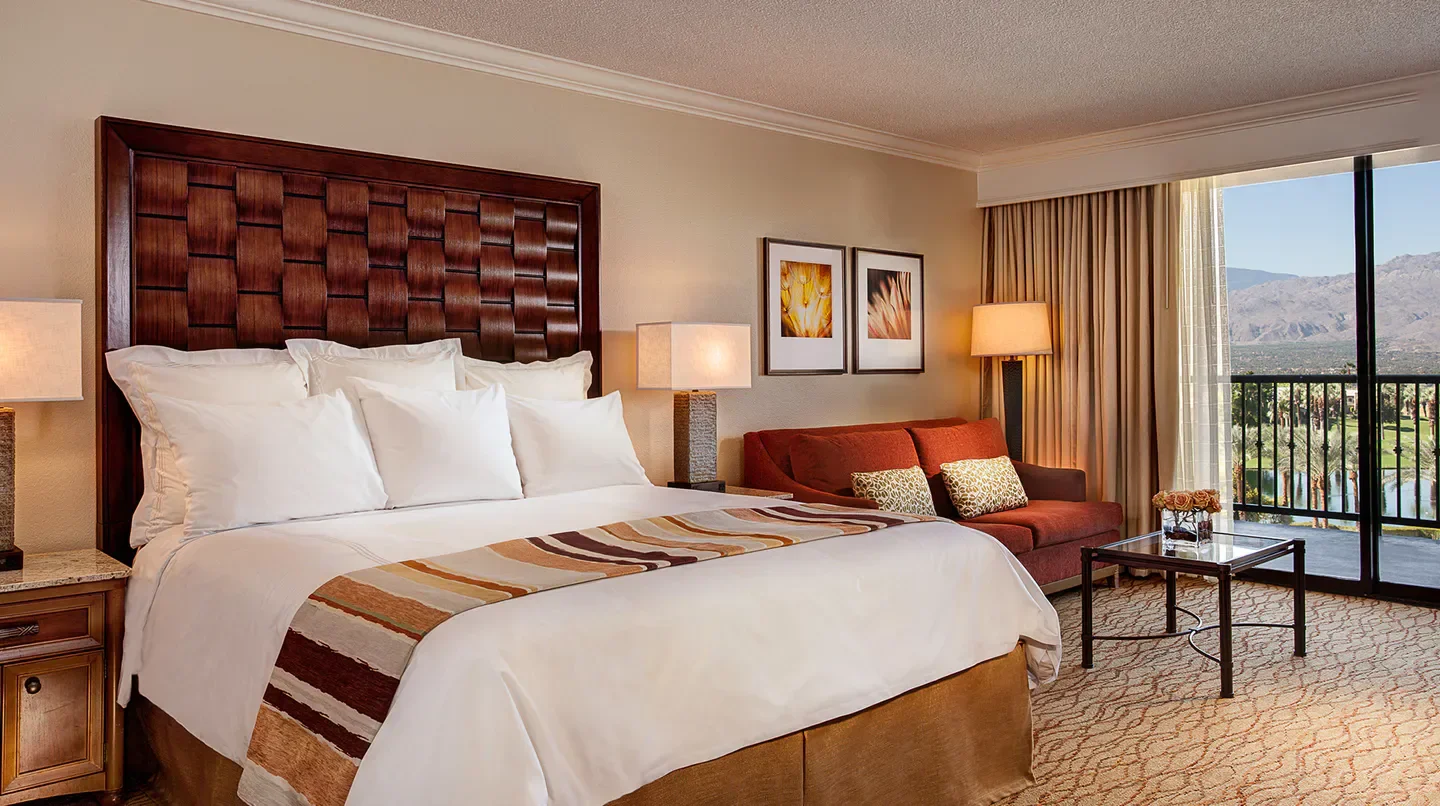 Cozy hotel room at JW Marriott Desert Springs Resort & Spa in Palm Springs with a view.