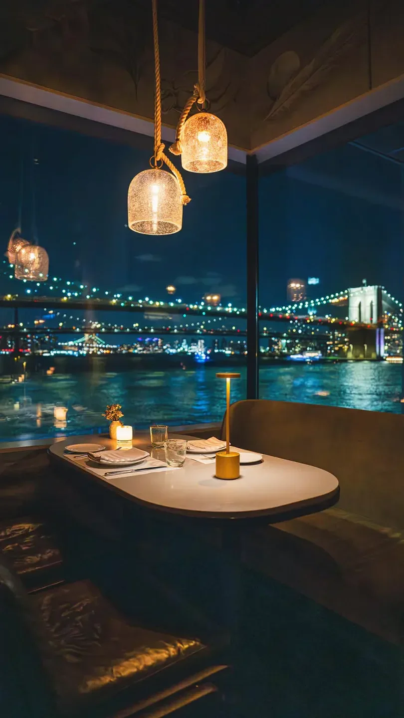 Cozy dining area at Kaiseki Morimoto in Nara, with a scenic city view at night.