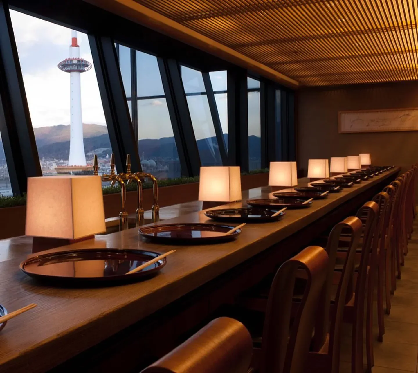 Dining experience at Kodaiji Wakuden restaurant in Kyoto with scenic city views