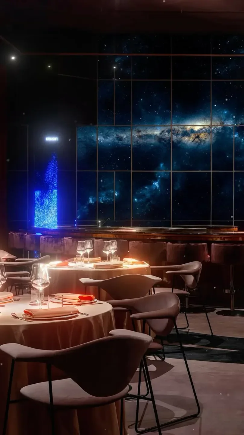 Interior of Krasota in Moscow with a stunning cosmic view through the windows.