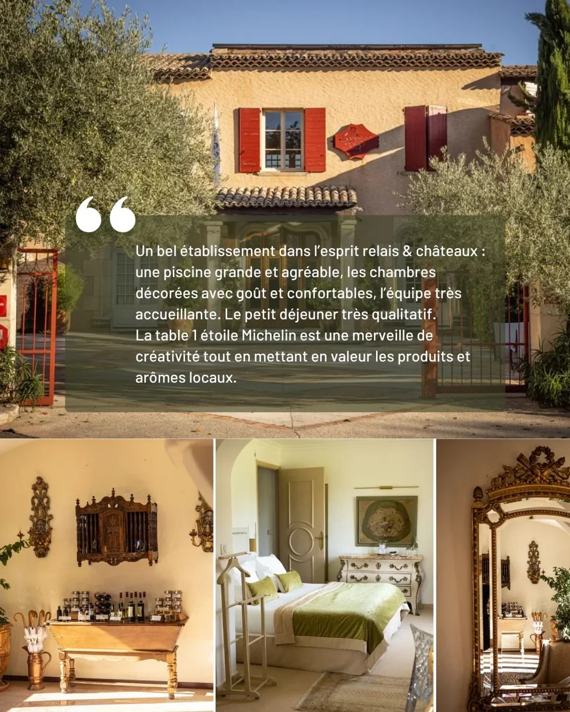 Exterior of La Bonne Étape restaurant in Provence, with olive trees and charming facade.