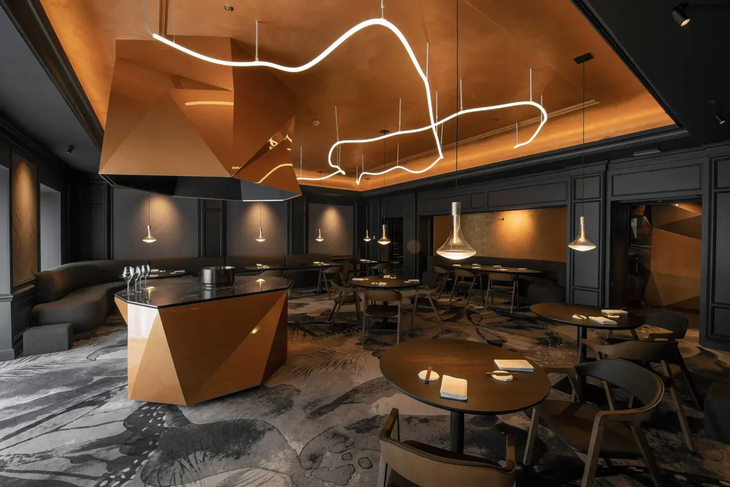 Stylish interior of La Canne en Ville in Brussels with unique lighting and design.