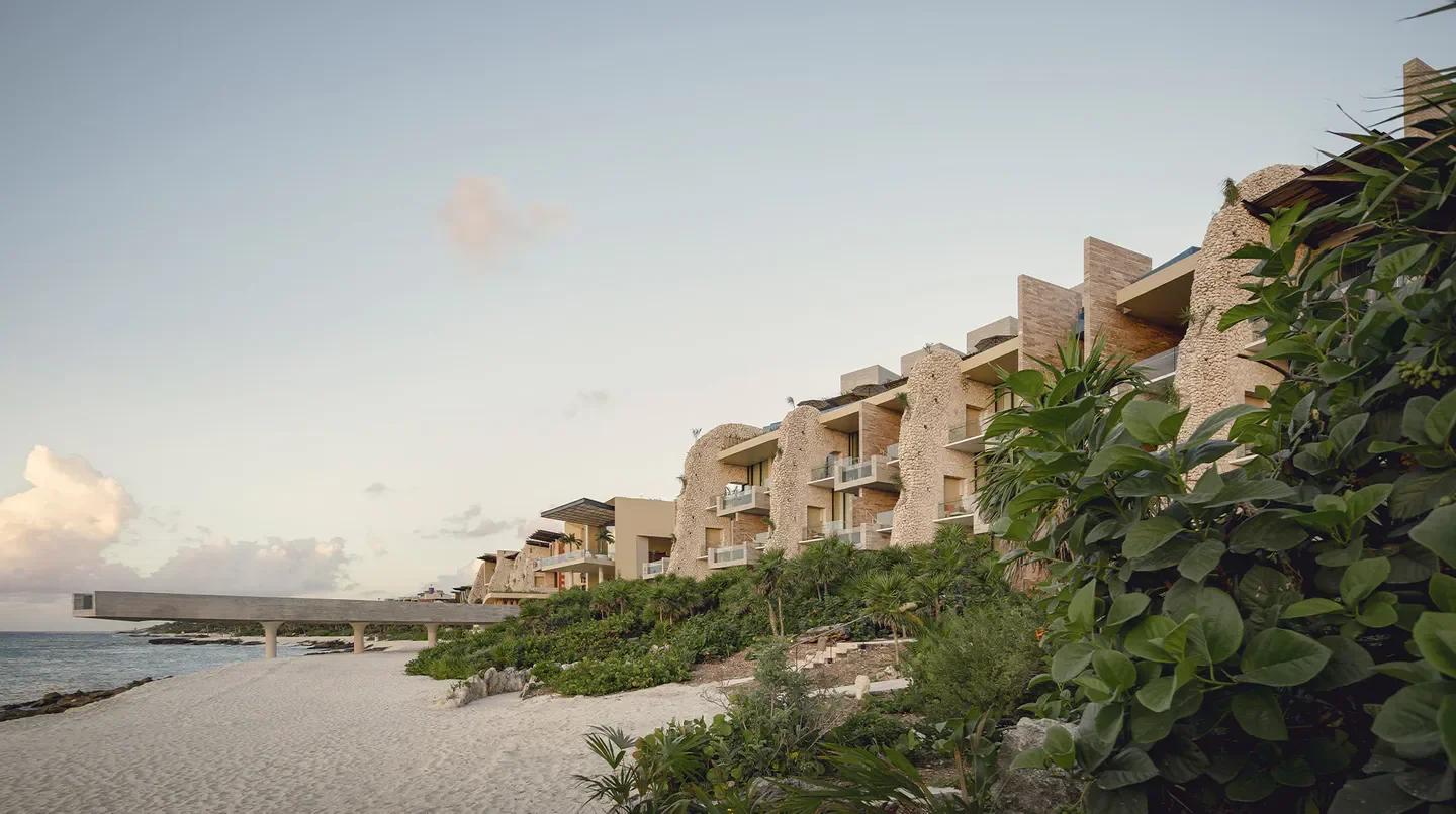 Exterior view of La Casa de la Playa hotel in Playa del Carmen, Mexico, on a beautiful beach