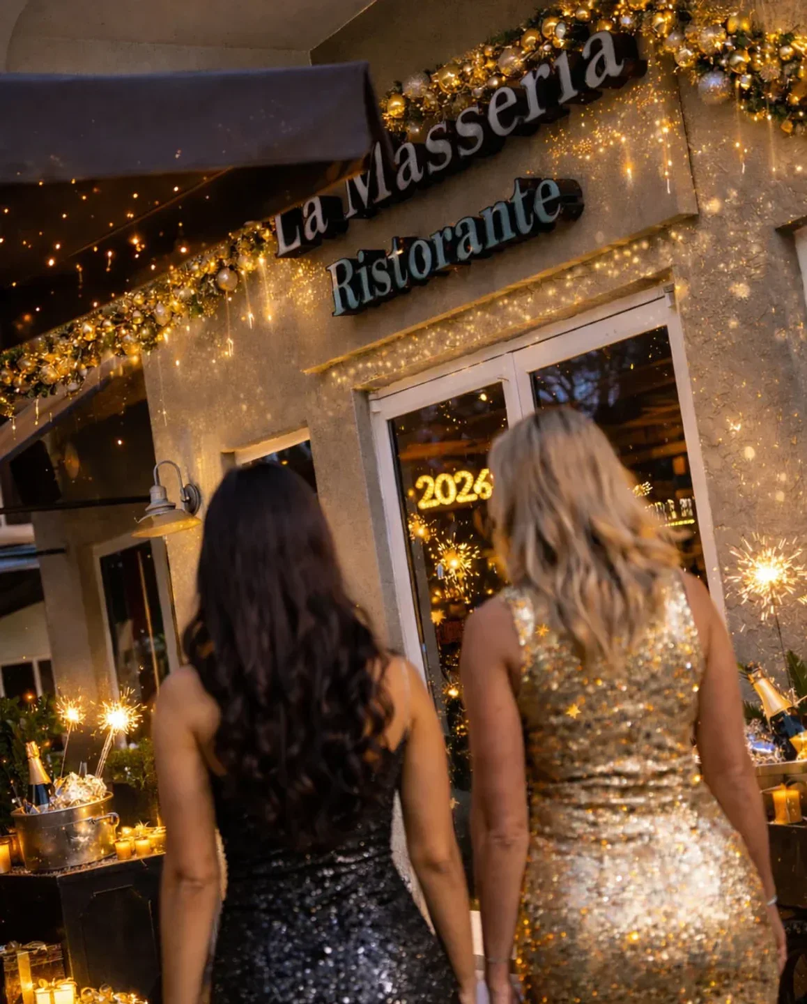 Two women at La Masseria PBG in Palm Beach, sparklers and festive decorations.
