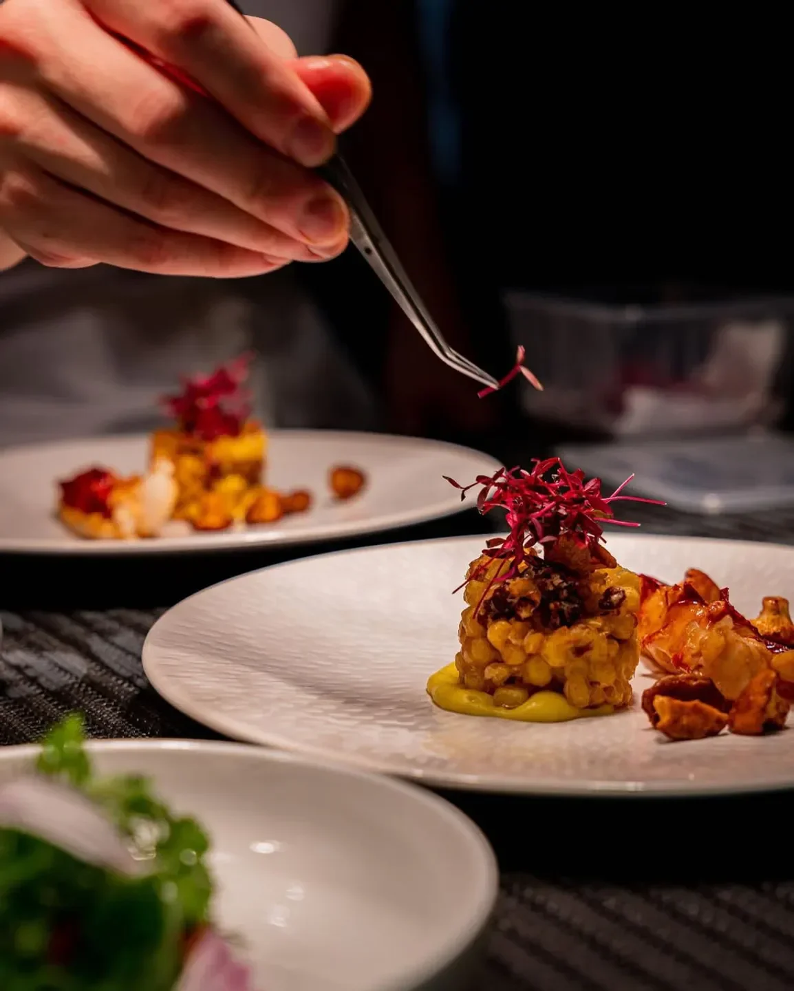 Chef plating gourmet dish at La Scène Thélème, a restaurant in Paris, France.