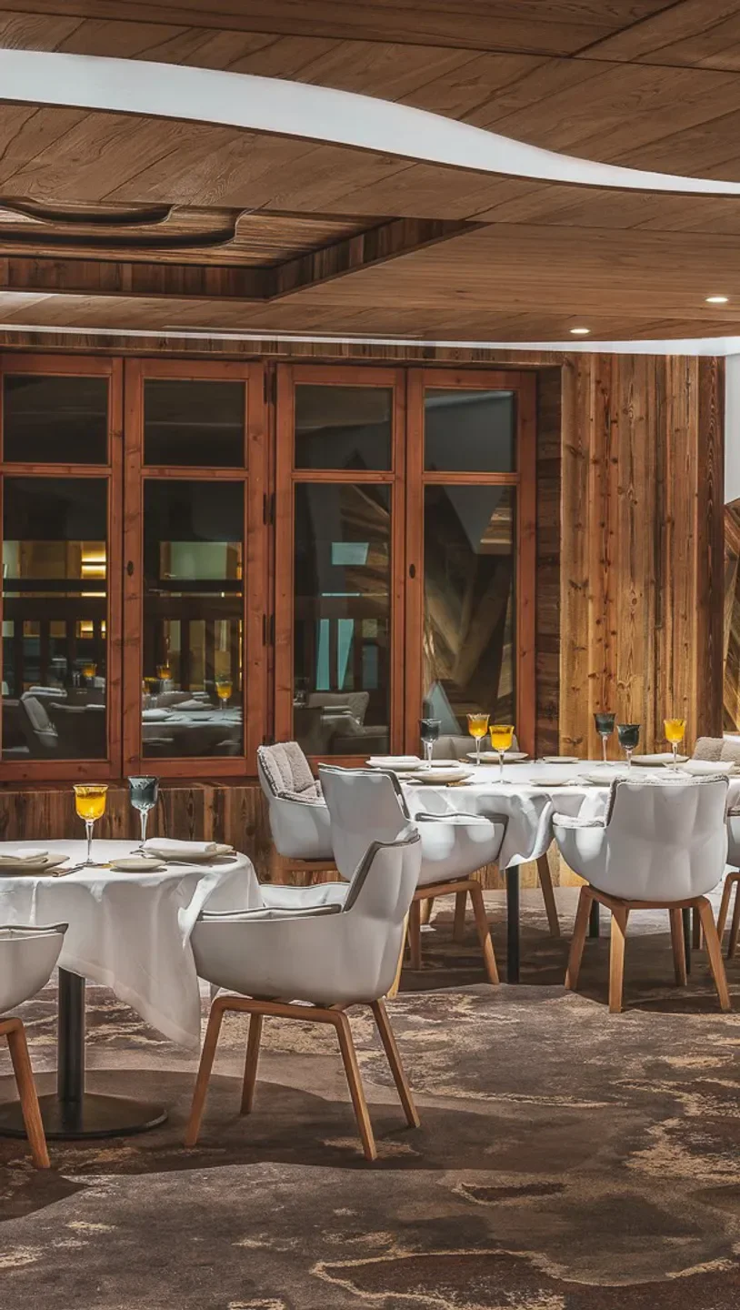 Cozy dining room at La Table de l'Ours restaurant in Lyon with wooden decor