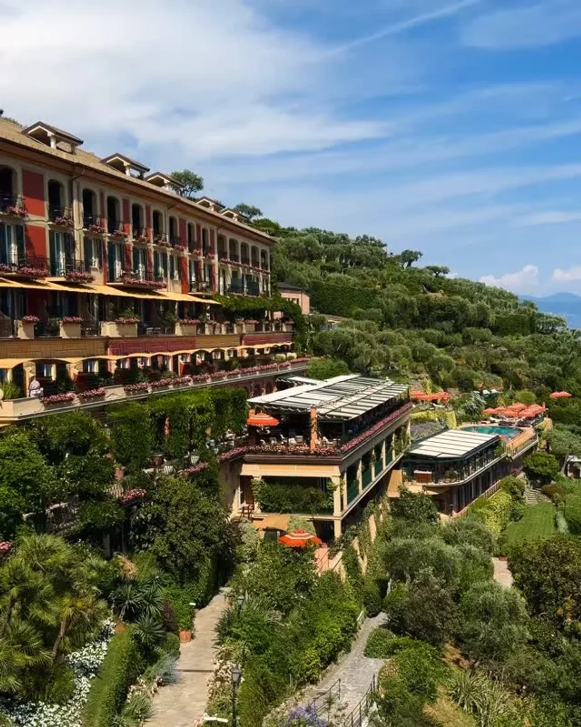La Terrazza Portofino restaurant exterior with lush gardens and ocean views on the Italian Riviera.