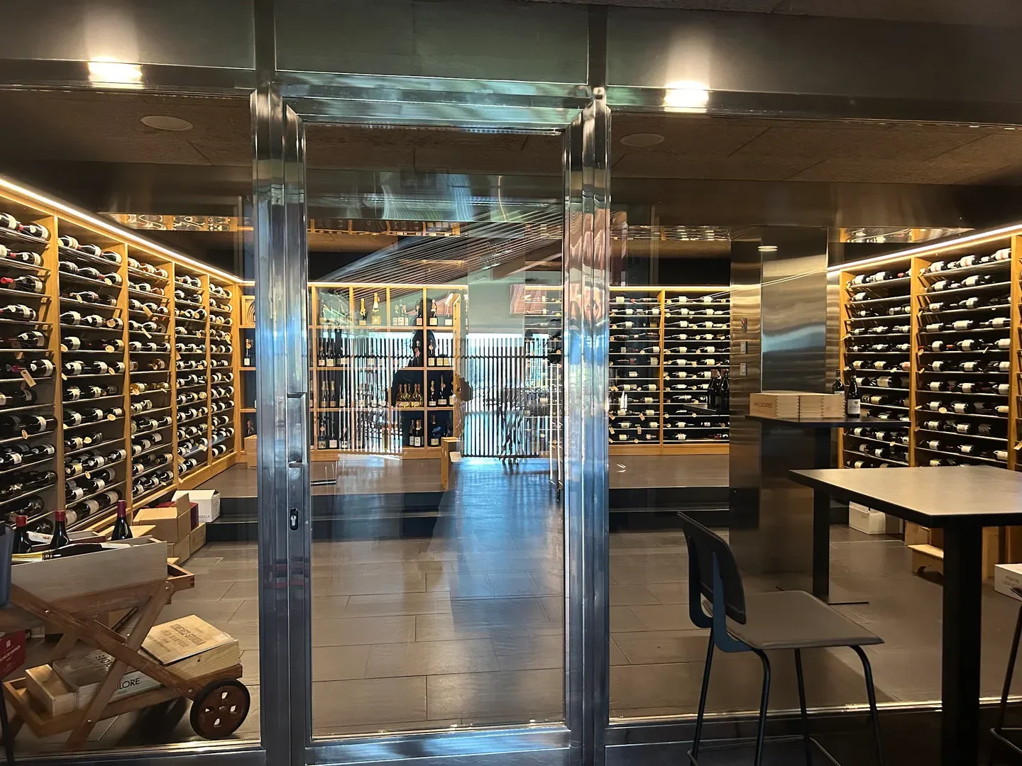 Wine cellar interior at Laia Erretegia restaurant in San Sebastian, featuring extensive wine collection.