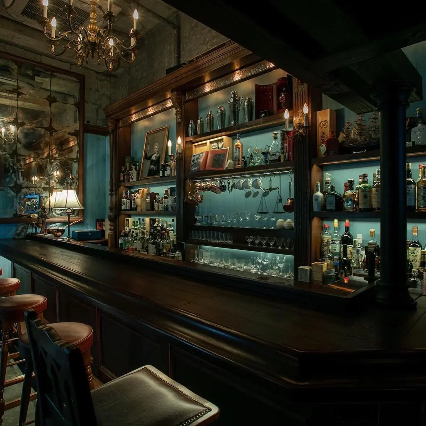 Interior of Lamp Bar in Nara, showcasing its antique wooden bar and cozy atmosphere.