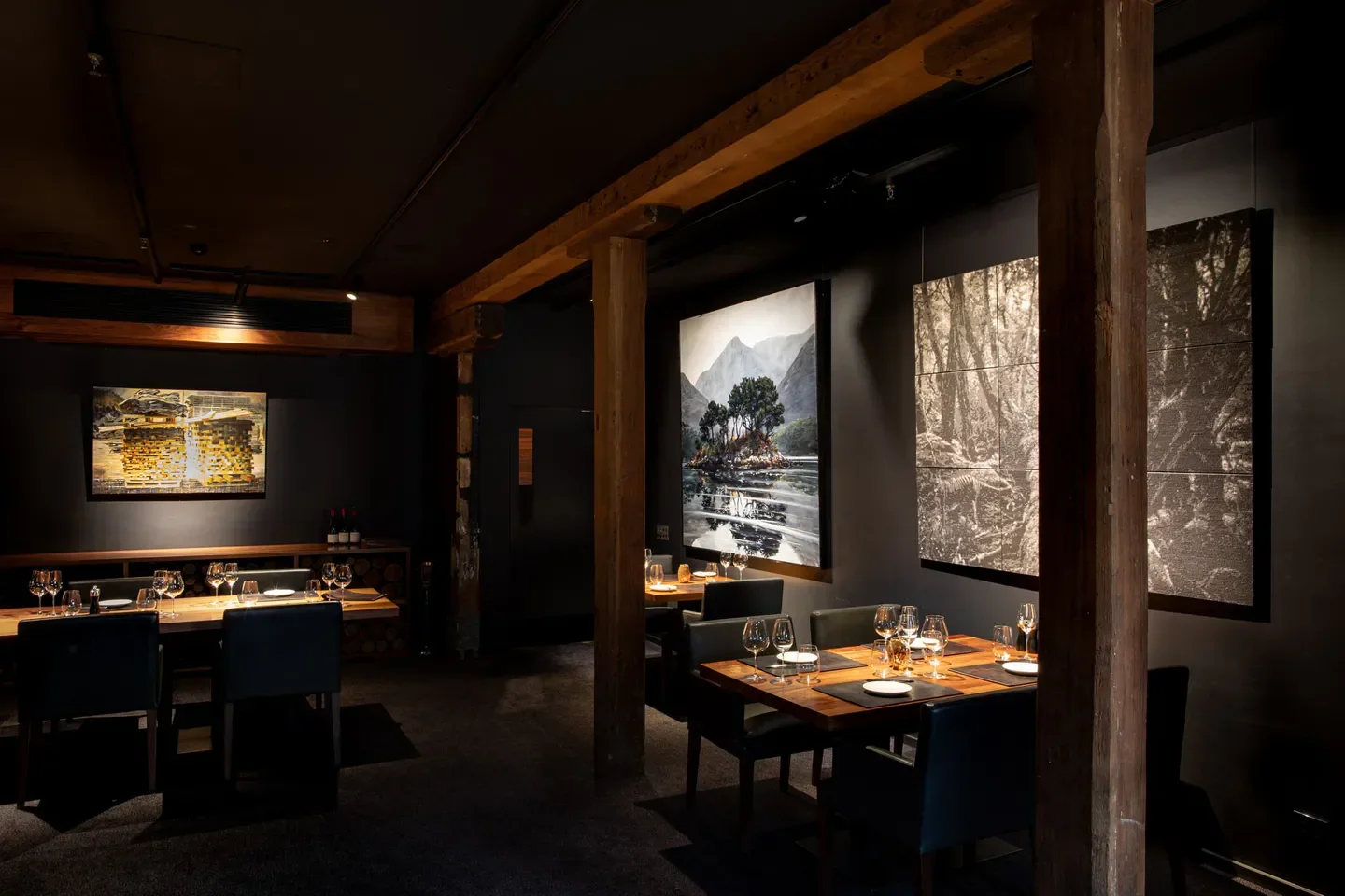 Interior of Landscape Restaurant & Grill in Hobart, with artwork and tables set for dining.
