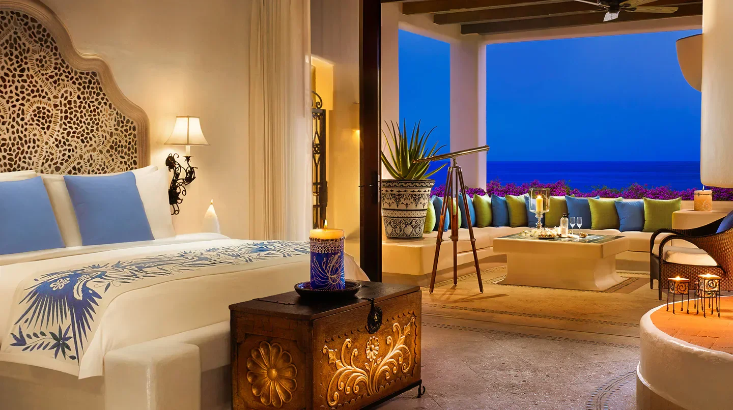 Luxury room at Las Ventanas al Paraíso in Cabo San Lucas with ocean views and patio.