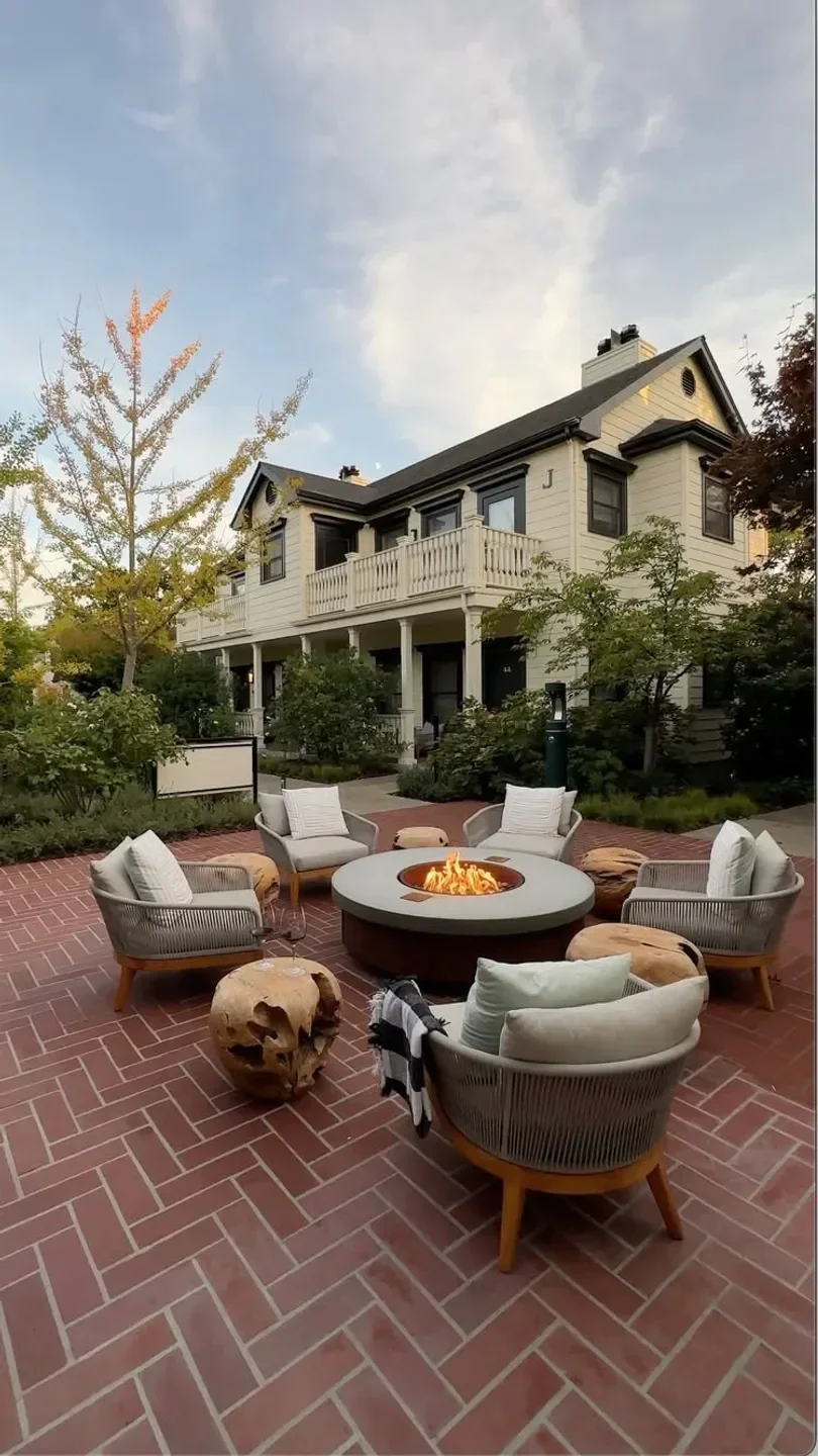 Cozy outdoor seating at Layla at MacArthur Place in Sonoma, with a fire pit.