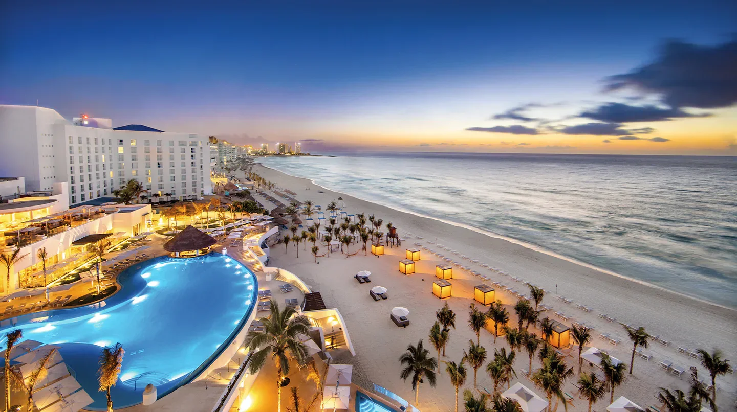 Aerial view of Le Blanc Spa Resort Cancun, with pools and beach in Cancun