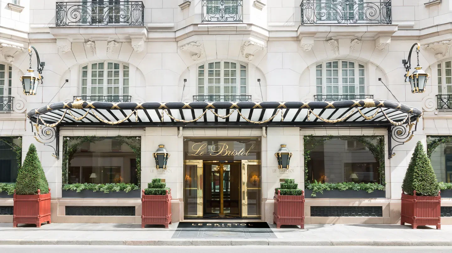 Entrance of Le Bristol Paris hotel in Paris with classic architecture and elegant details