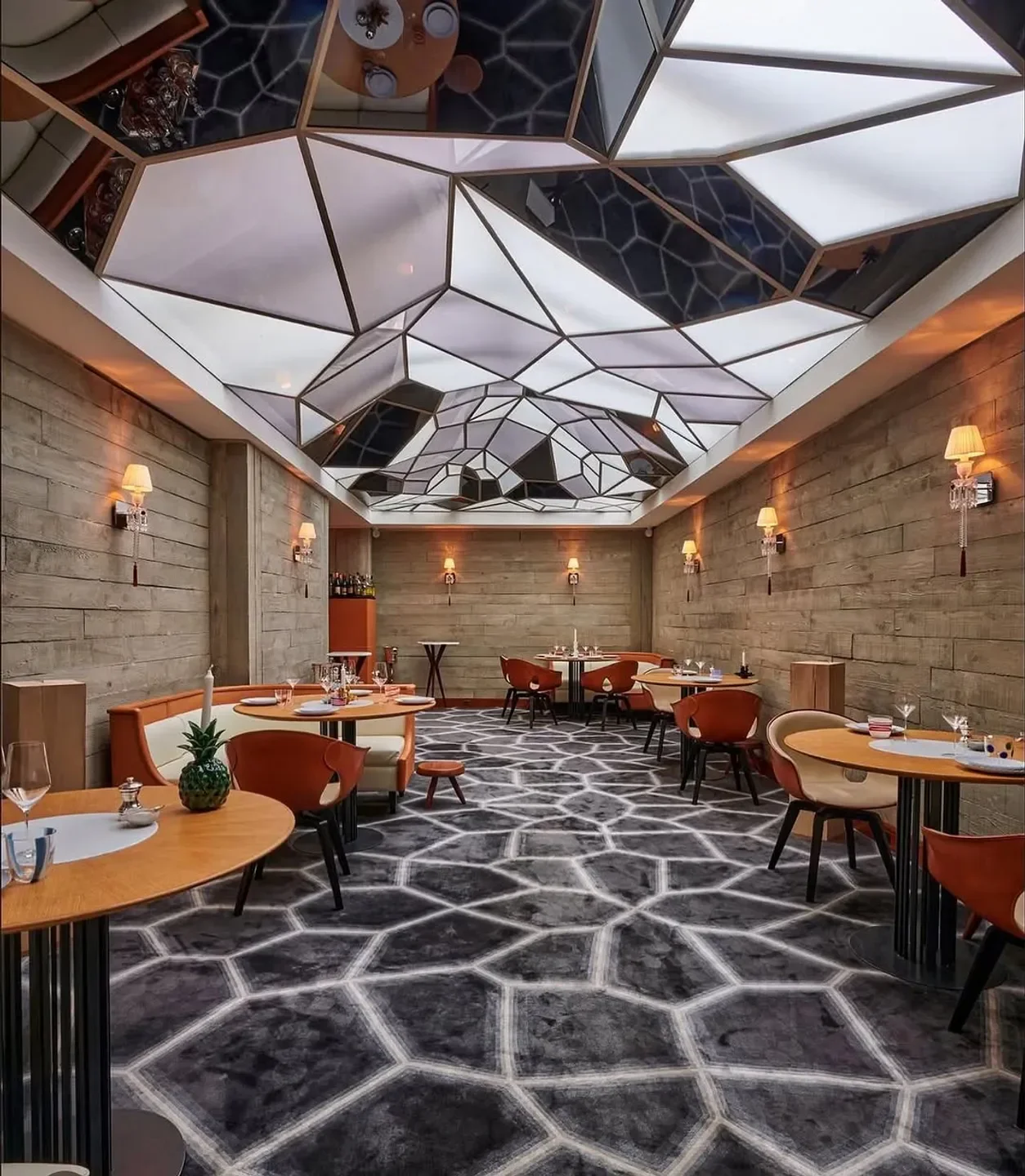 Interior of Le Grand Restaurant - Jean-François Piège in Paris, featuring geometric ceiling and floor