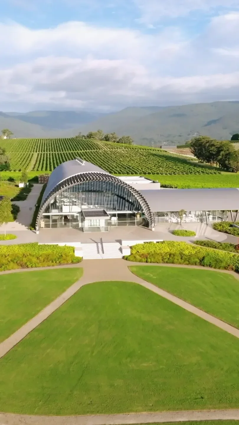 Aerial view of Levantine Hill restaurant in Yarra Valley, surrounded by vineyards.