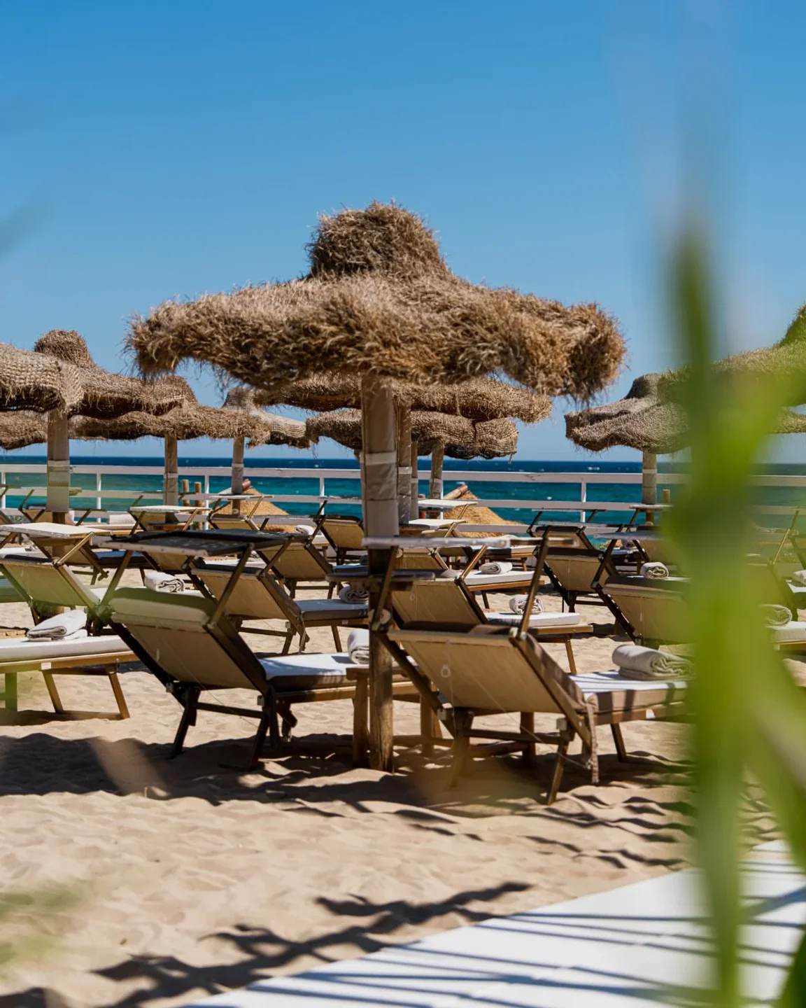 Lido Bambu restaurant in Puglia with straw umbrellas and lounge chairs on a sandy beach overlooking the ocean.