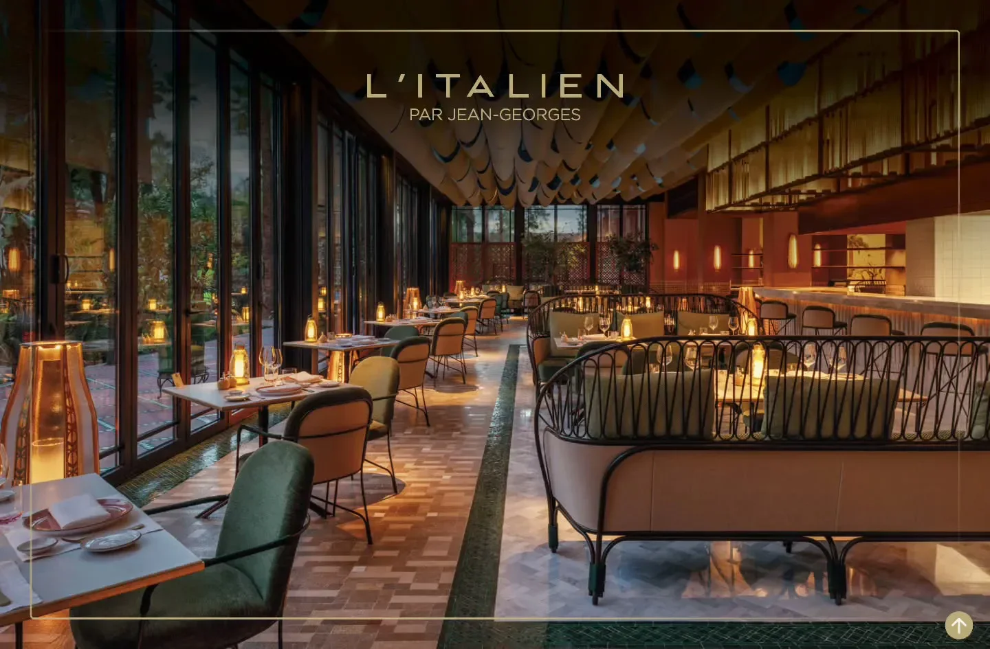Elegant dining room at L’Italien par Jean-Georges in Marrakech, Morocco.
