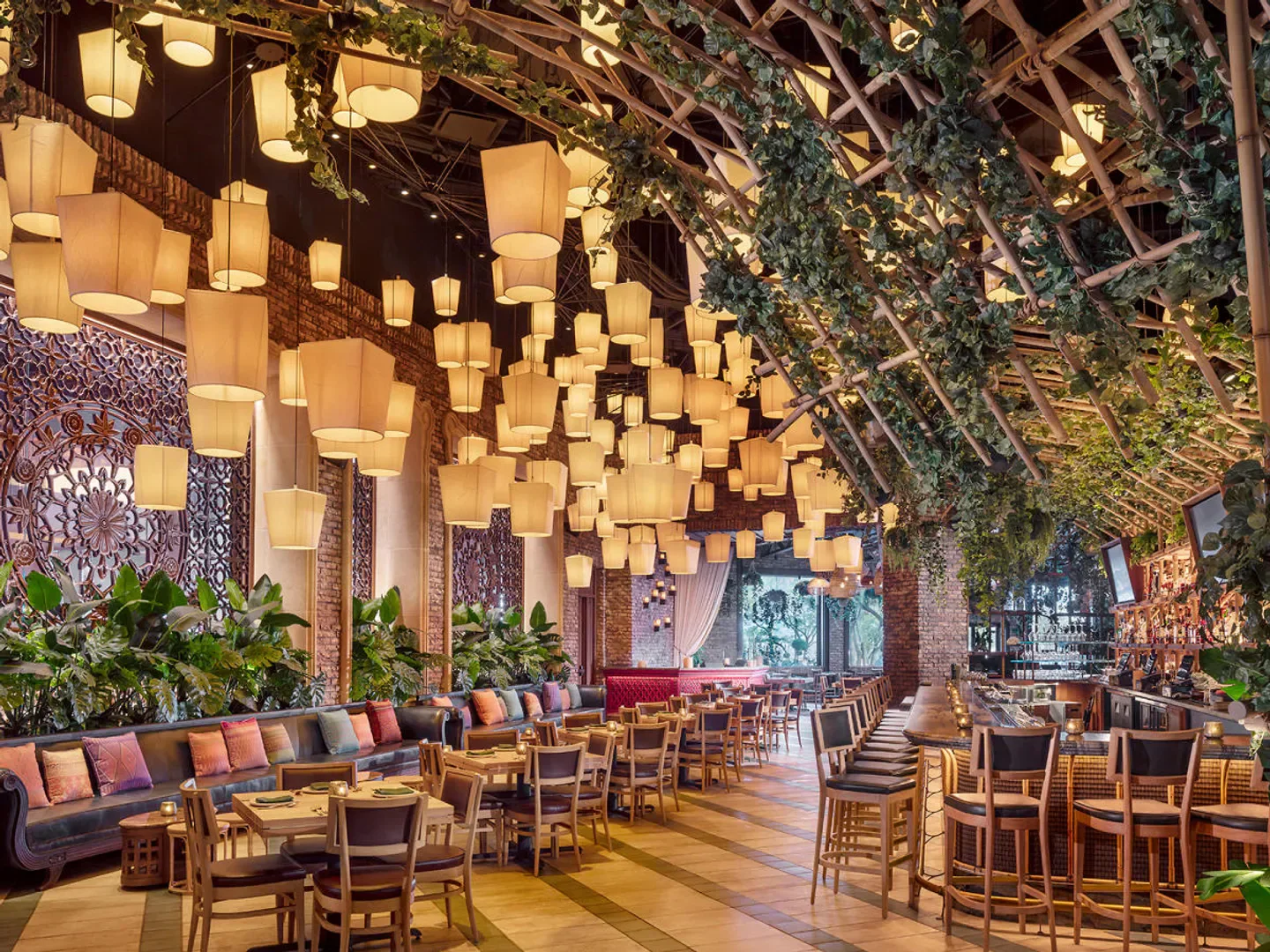 Interior of Lotus of Siam restaurant in Las Vegas, with unique lighting and decor.
