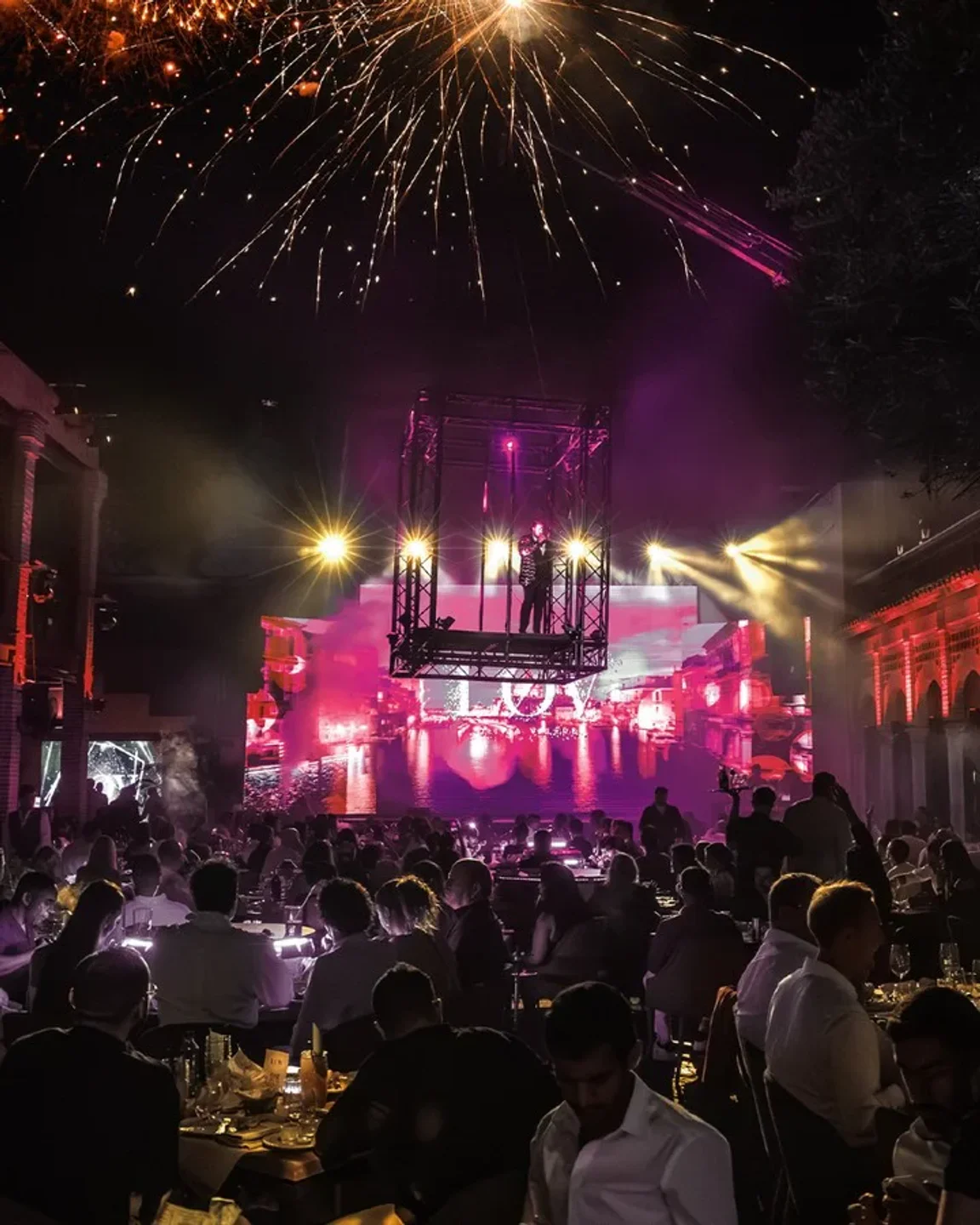 LOV Olivia Valere Marbella hosts spectacular live performance with fireworks and dazzling light show.