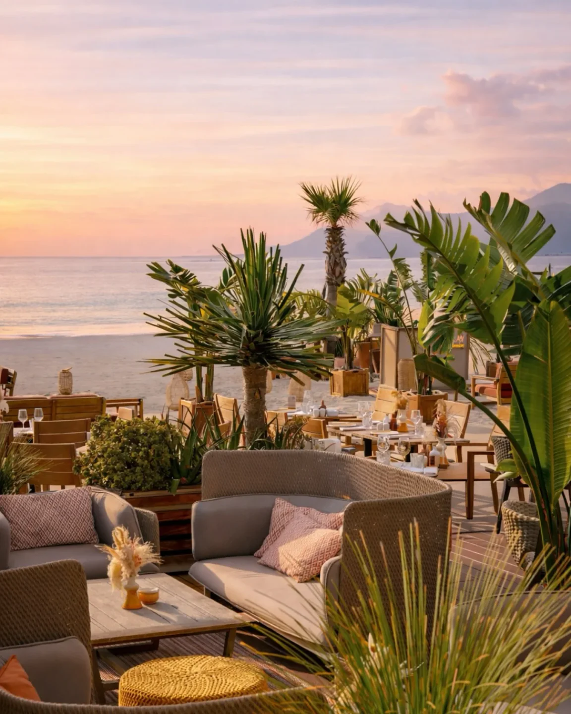 Mademoiselle Gray Plage Barrière in Cannes offers beachfront dining with sunset views and lush tropical plants.