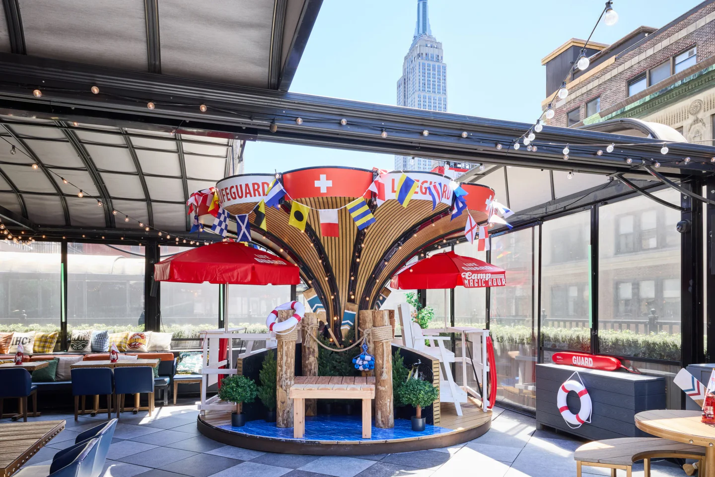 Magic Hour Rooftop & Bar New York City with Empire State Building view and nautical decor