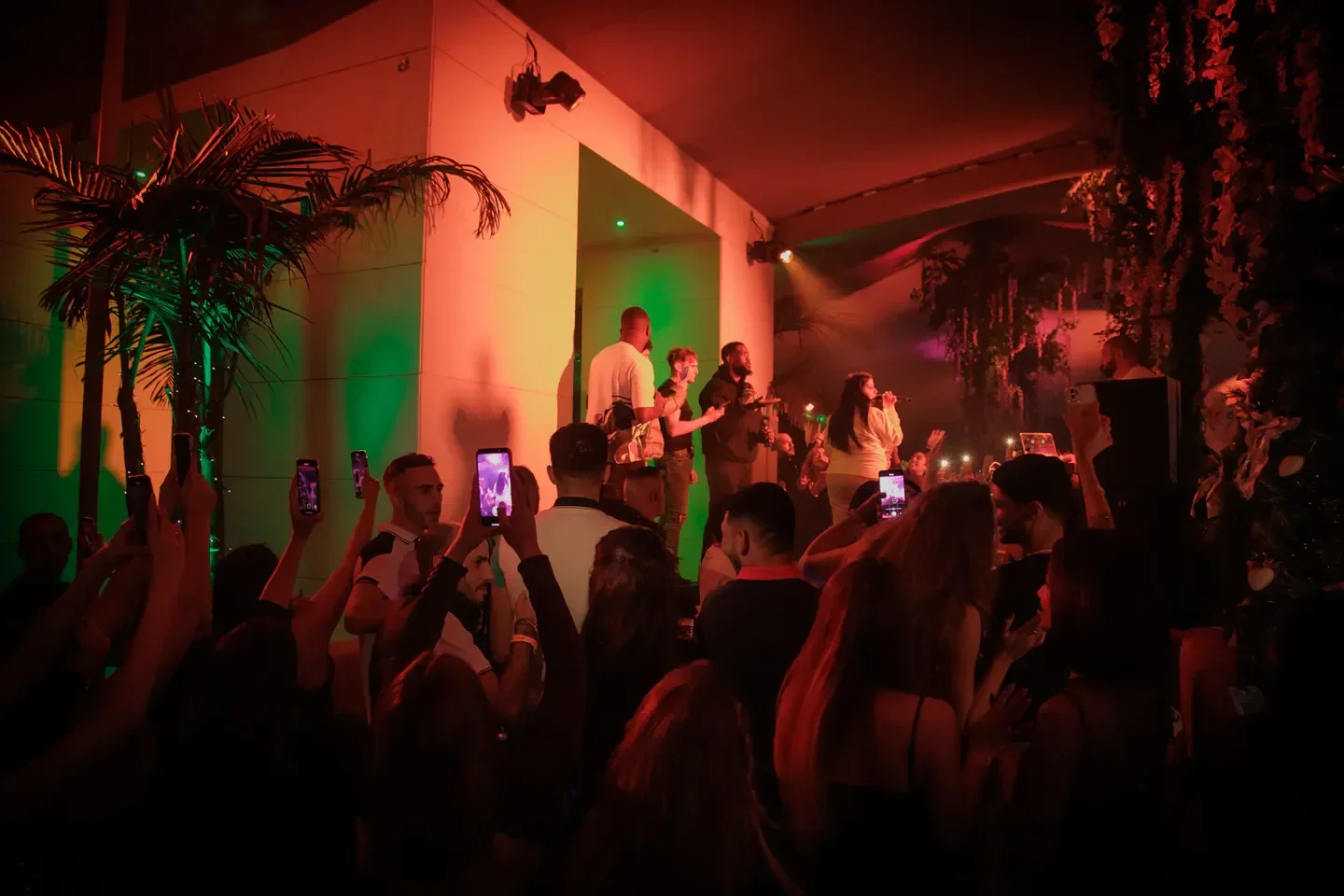 Energetic crowd at Mai nightclub in Marbella, enjoying a live performance under the lights.