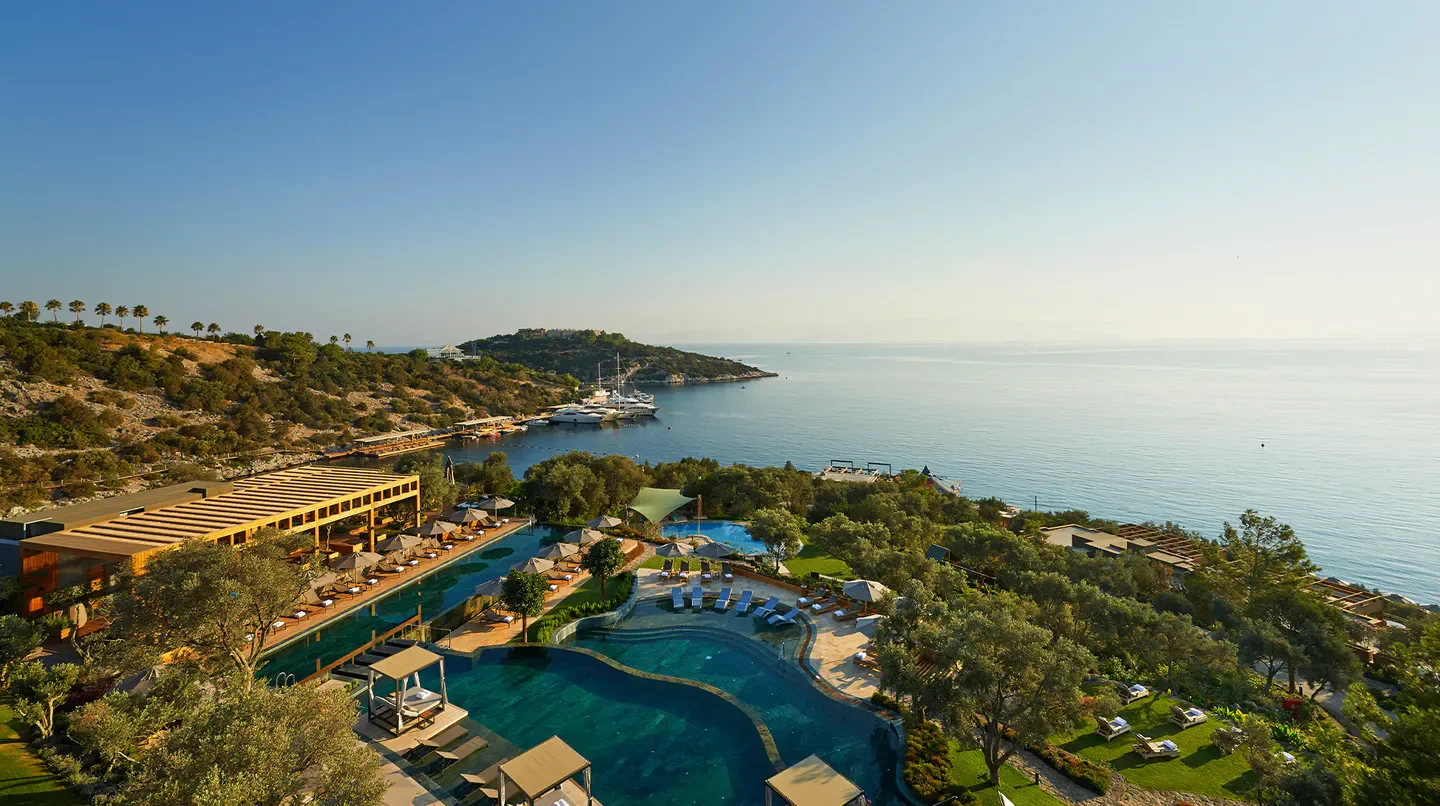 Aerial view of Mandarin Oriental, Bodrum with pools and sea in Bodrum, Turkey