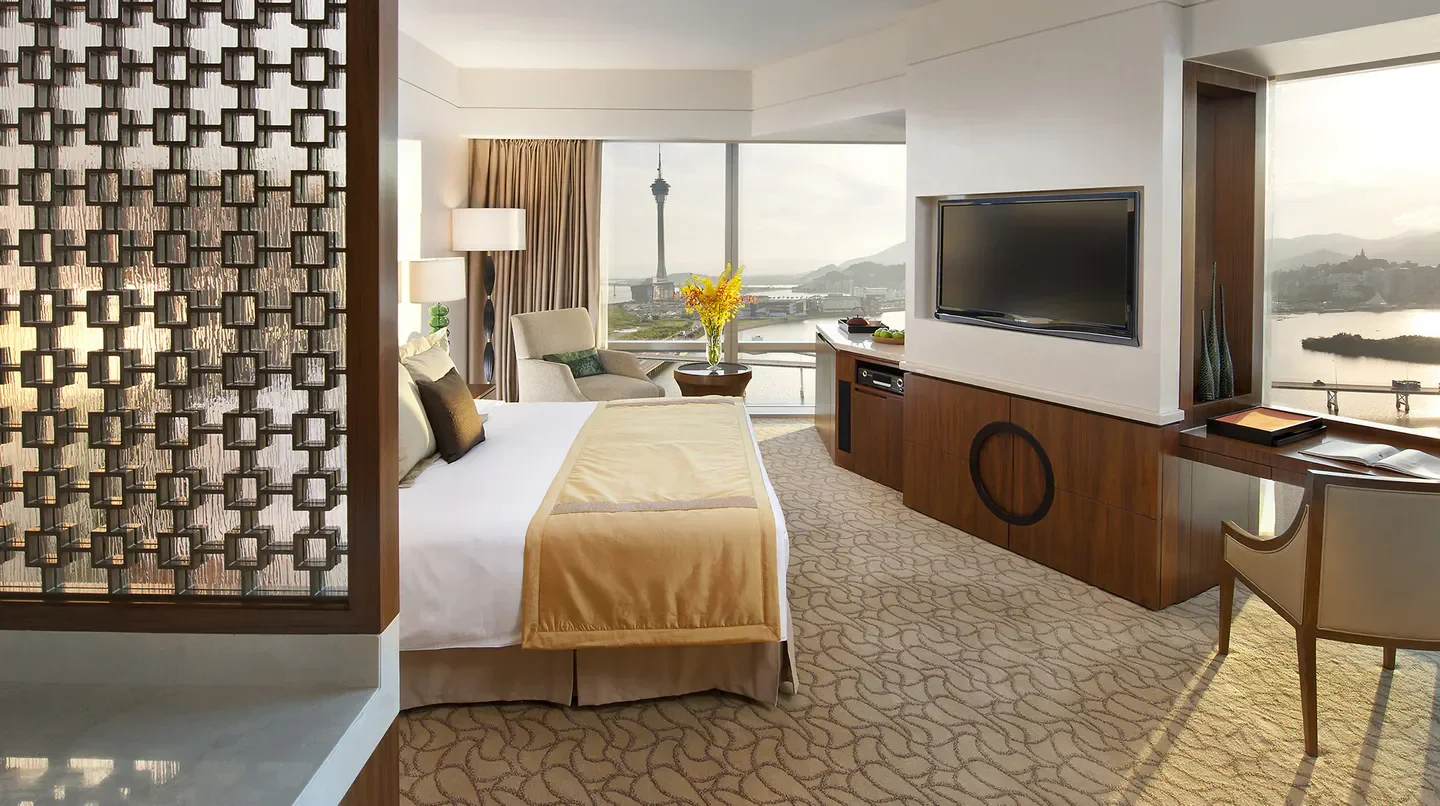 Luxury hotel room with Macau city views at Mandarin Oriental, Macau.
