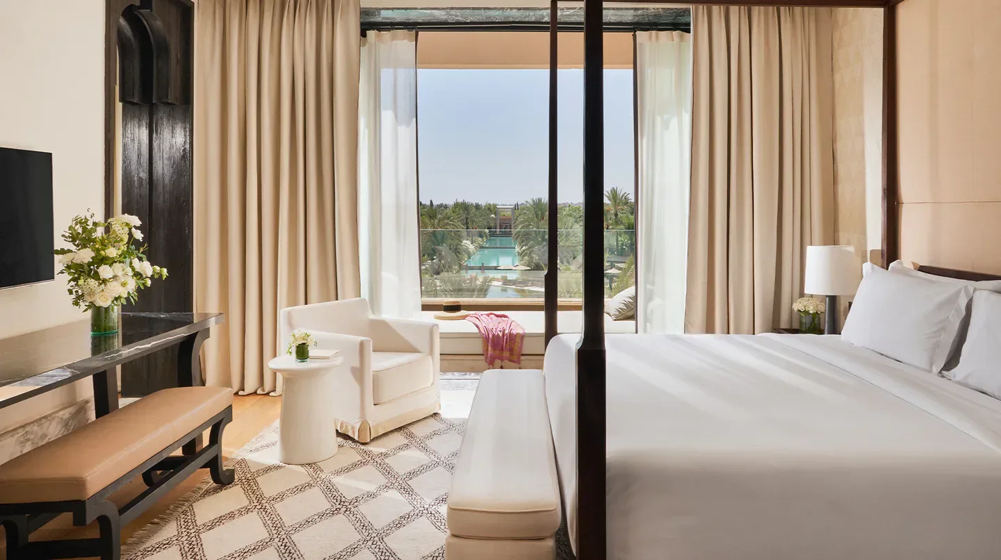 Mandarin Oriental, Marrakech hotel bedroom overlooking the pool in Marrakech.