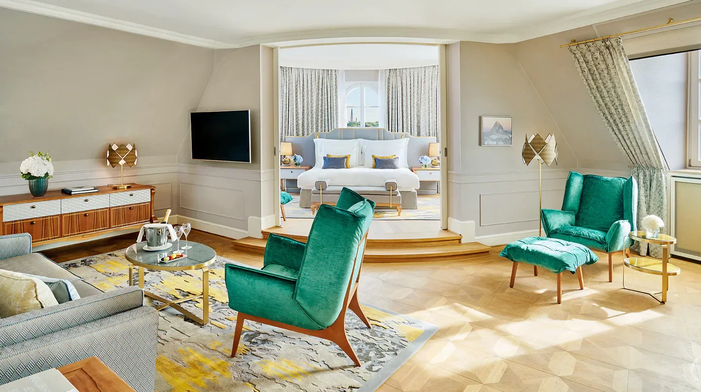 Luxurious suite at Mandarin Oriental, Munich. Elegant design in a hotel room in Munich.