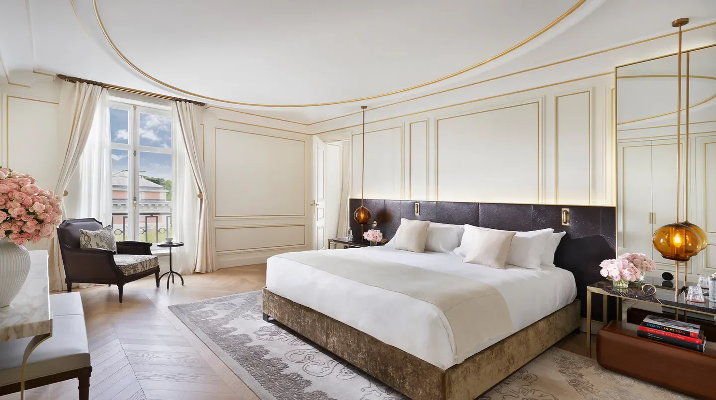 Elegant bedroom at Mandarin Oriental Ritz, Madrid, featuring luxurious decor and views of Madrid.