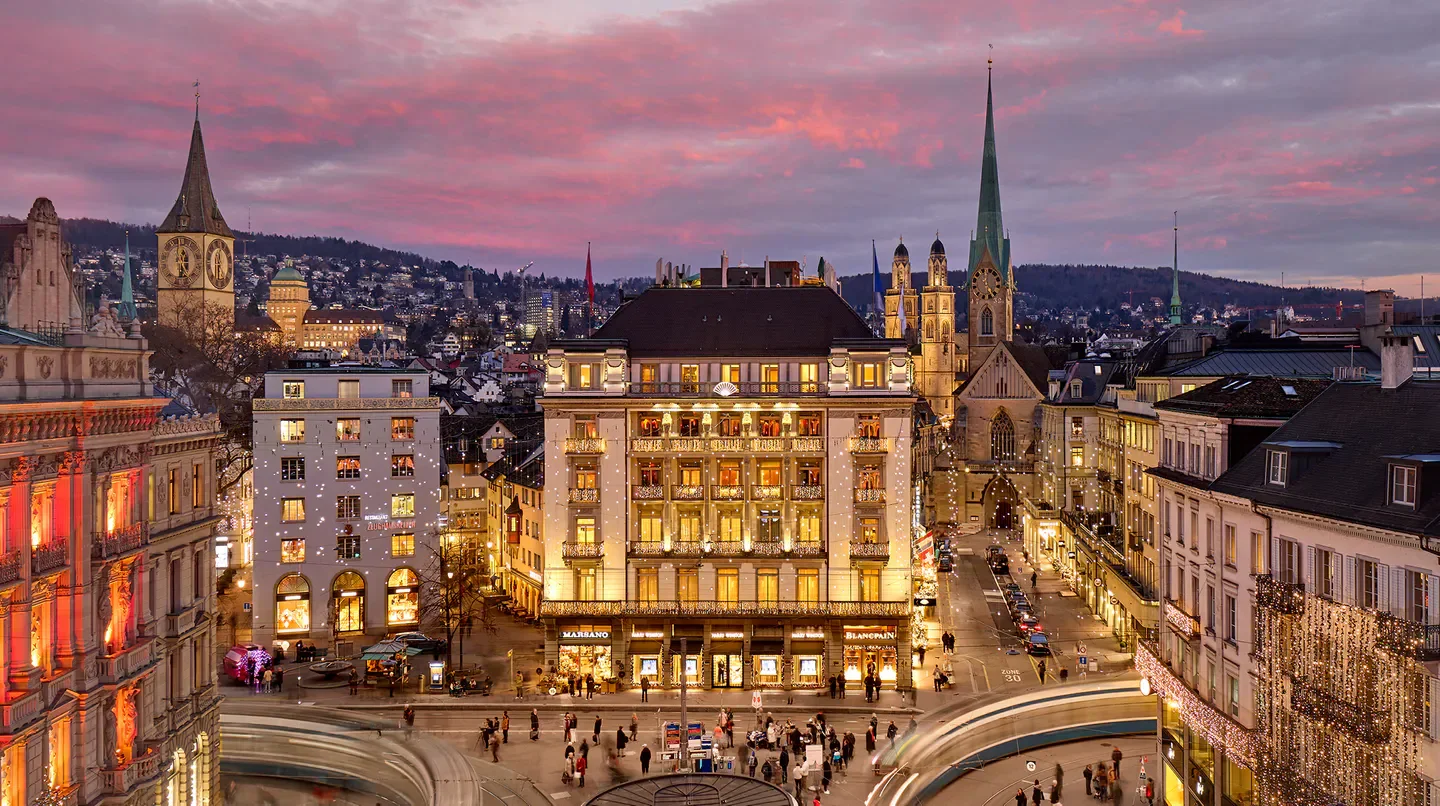 Mandarin Oriental Savoy, Zurich hotel exterior at dusk in the beautiful city of Zurich.