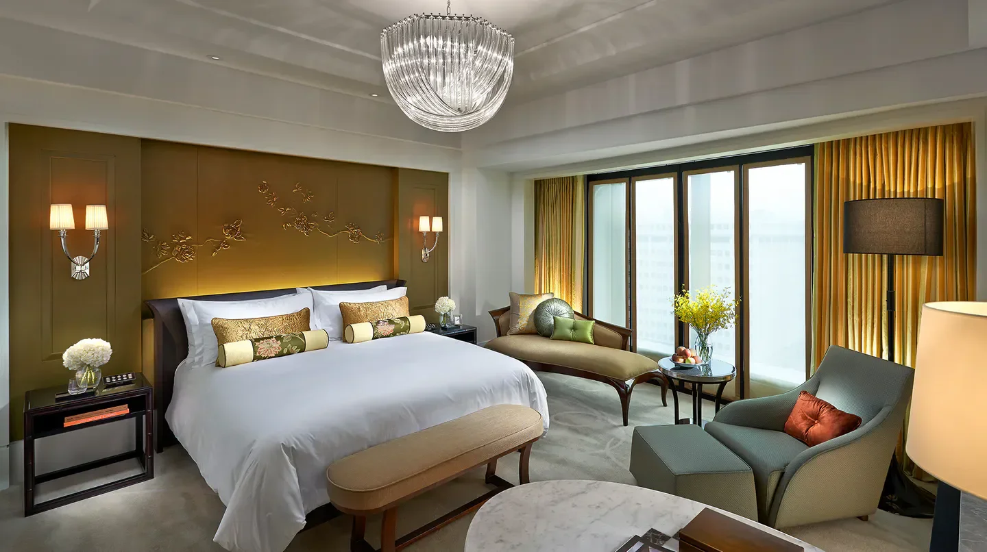 Luxury bedroom at Mandarin Oriental, Taipei, with elegant decor and city views in Taipei.