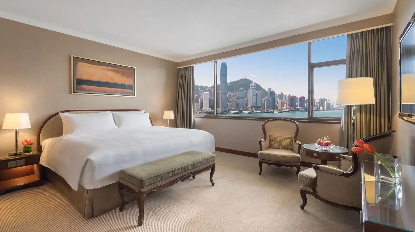 Marco Polo Hongkong Hotel room with stunning city views of Hong Kong.