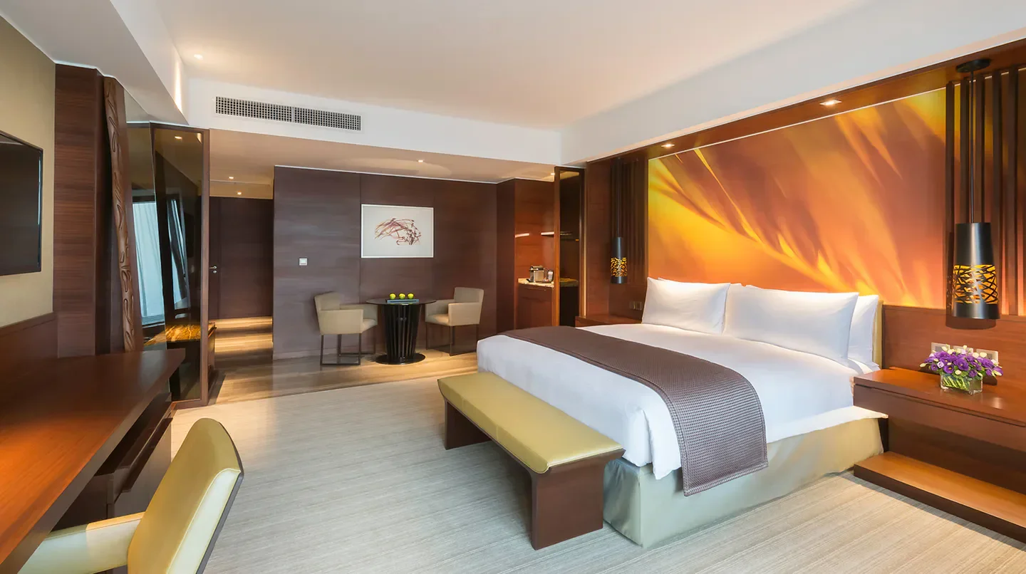 Spacious and modern hotel room at Marco Polo Ortigas Manila, located in Manila.