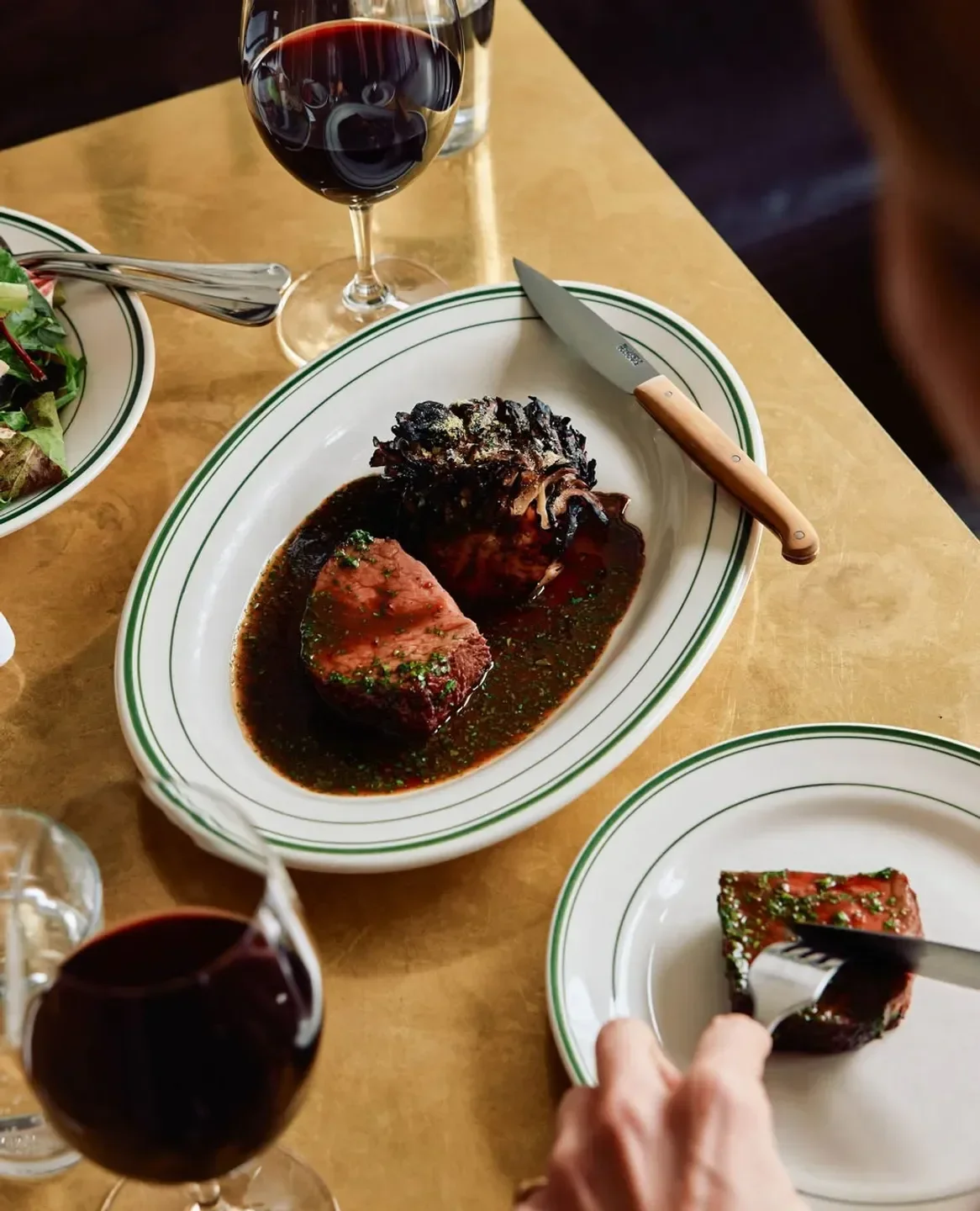 Delicious steak at Marion restaurant, Melbourne, with wine and fine dining.