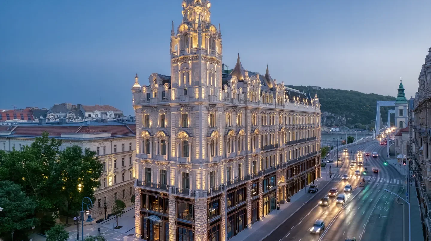 Exterior view of Matild Palace, a Luxury Collection Hotel, Budapest at dusk in Budapest.
