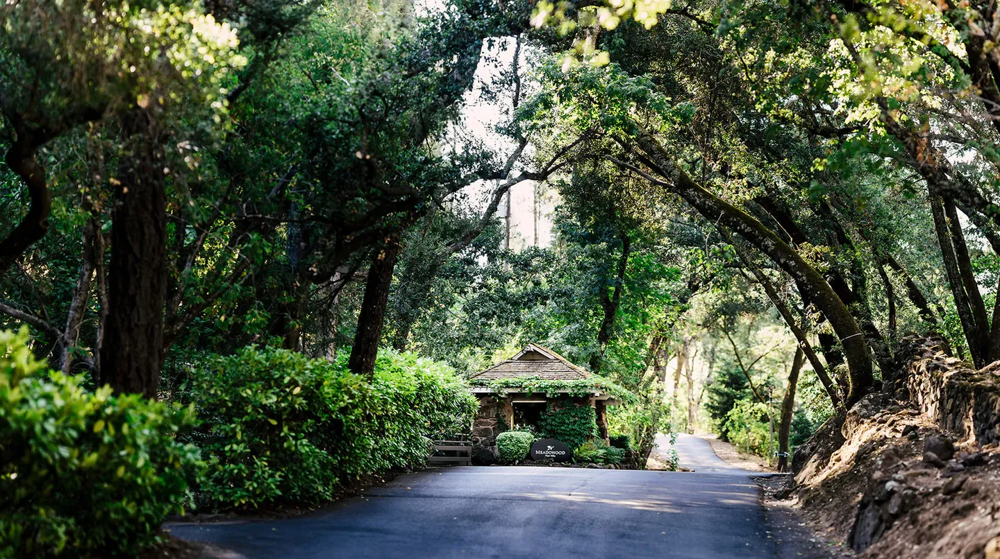 Entrance to Meadowood Napa Valley, a beautiful hotel in Napa Valley surrounded by trees.