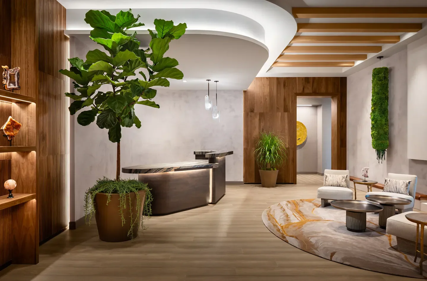 Reception area at Miraval Life in Balance Spa Aviara in San Diego, featuring stylish decor.