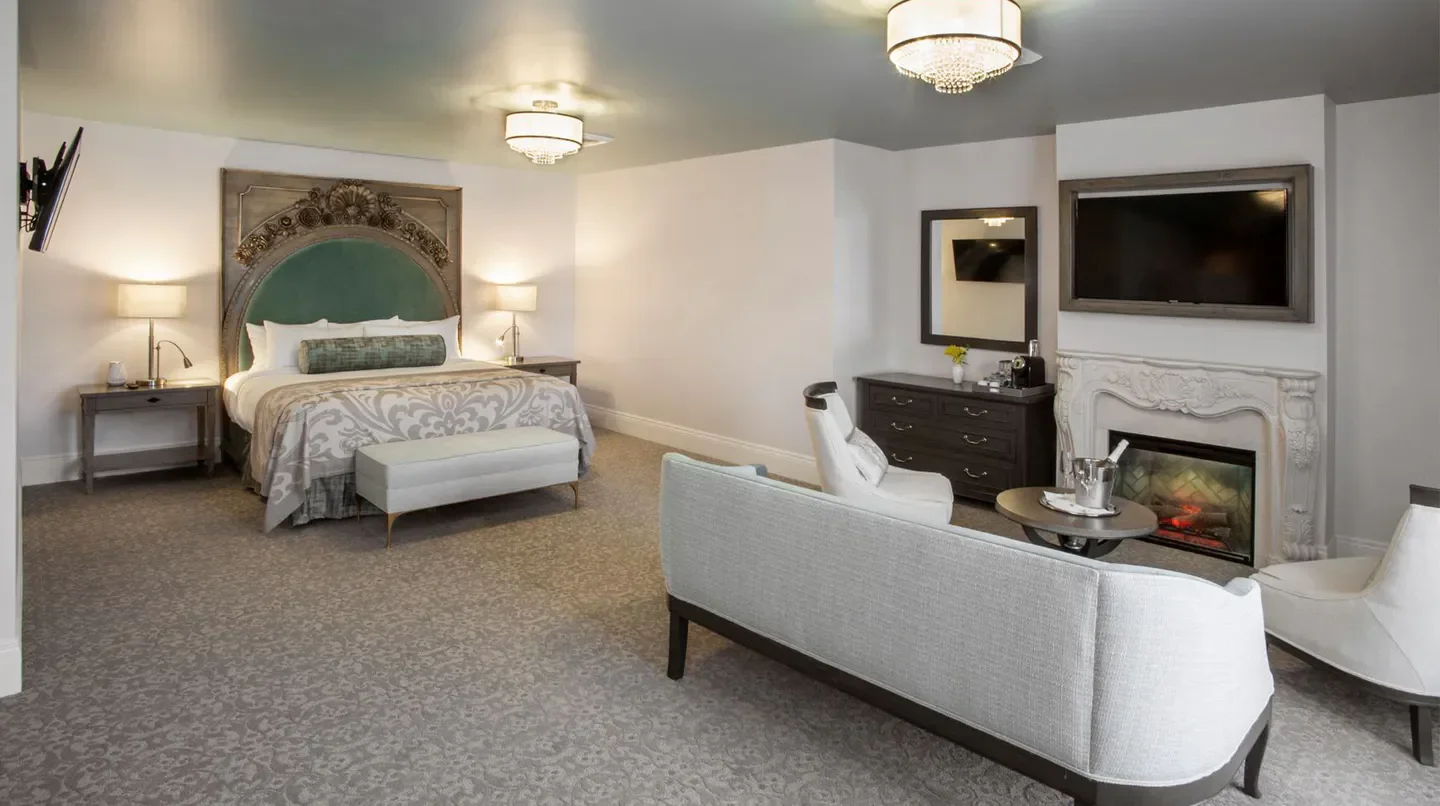 Luxury room at Mirbeau Inn & Spa Rhinebeck. Fireplace, king bed, Saratoga getaway