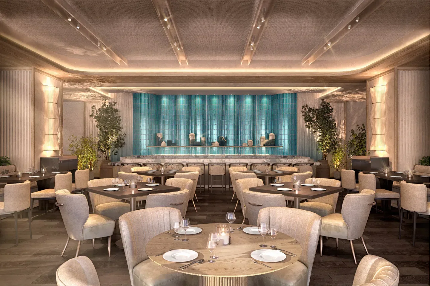 Elegant interior of Miru restaurant in Chicago, with tables set for dining.